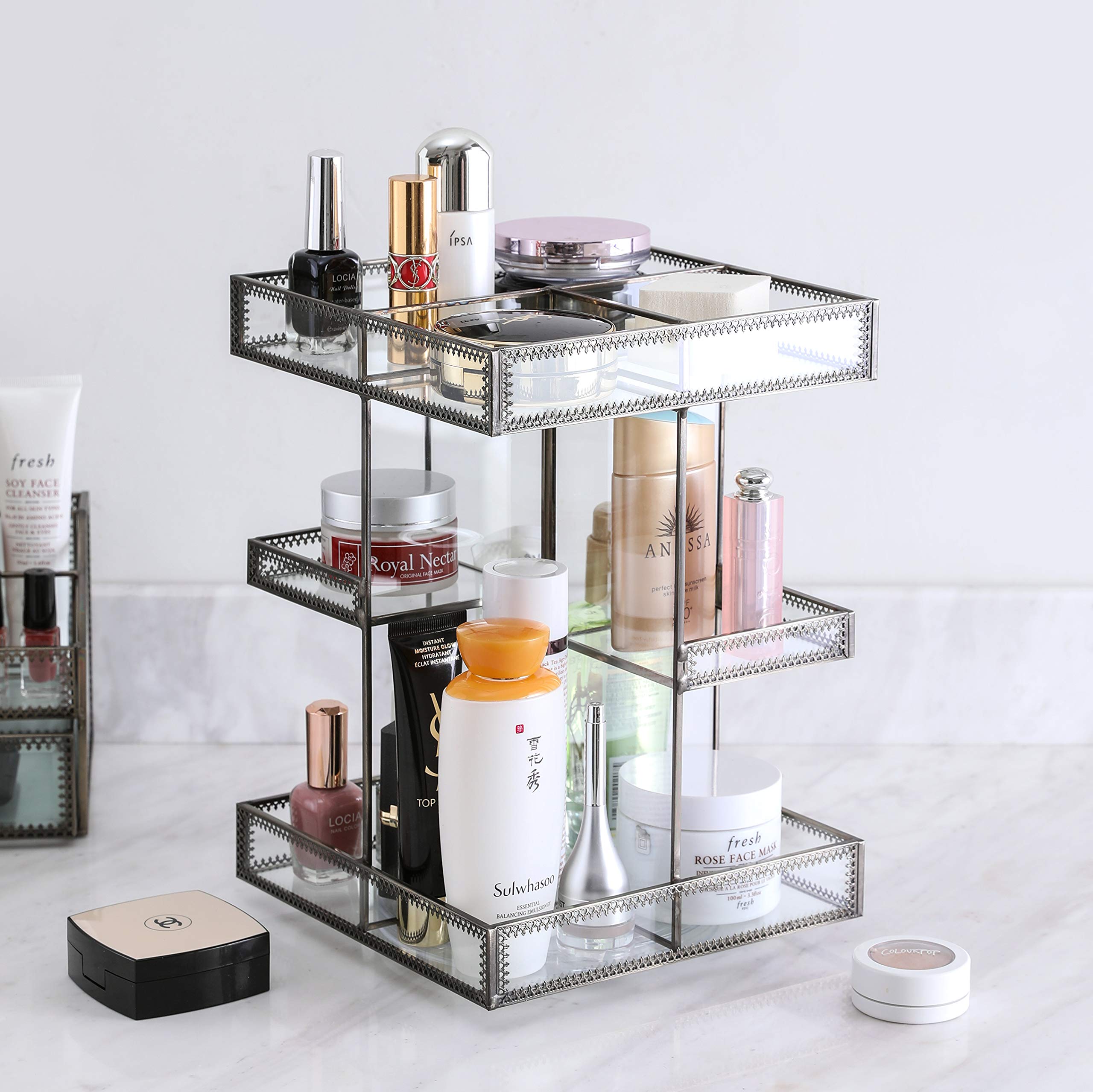 360 Degree Rotating Glass Makeup Organizer & Perfume Display Case - Vintage Cosmetic Storage for Bathroom, Dresser, Vanity Countertop | Perfect for Organizing Lipsticks, Brushes & Skincare Products