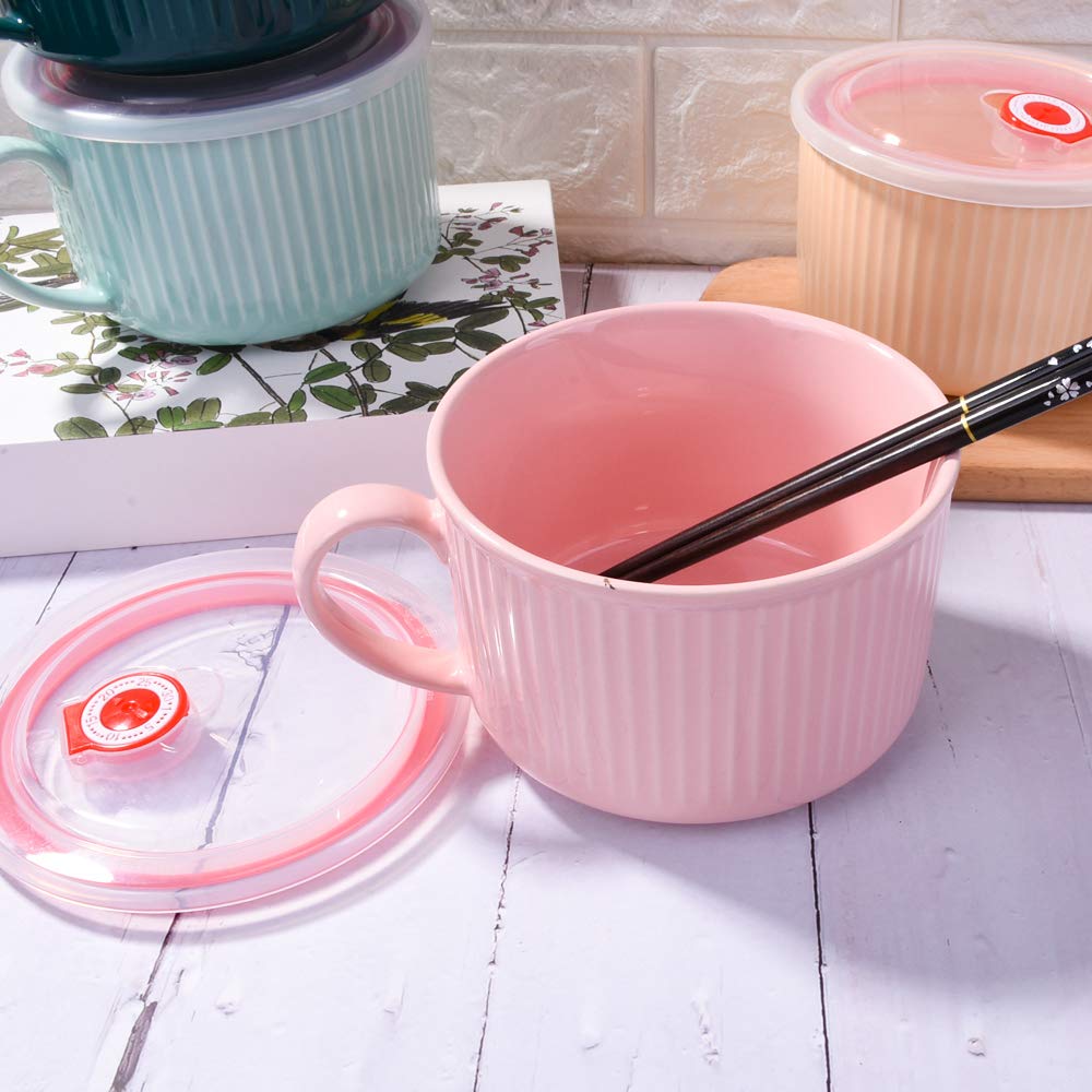 Microwavable Ceramic Soup Bowl with Lid - 30.4oz for Oatmeal & Noodles - Pink Modern Style - Perfect for Office Lunch & Quick Meals