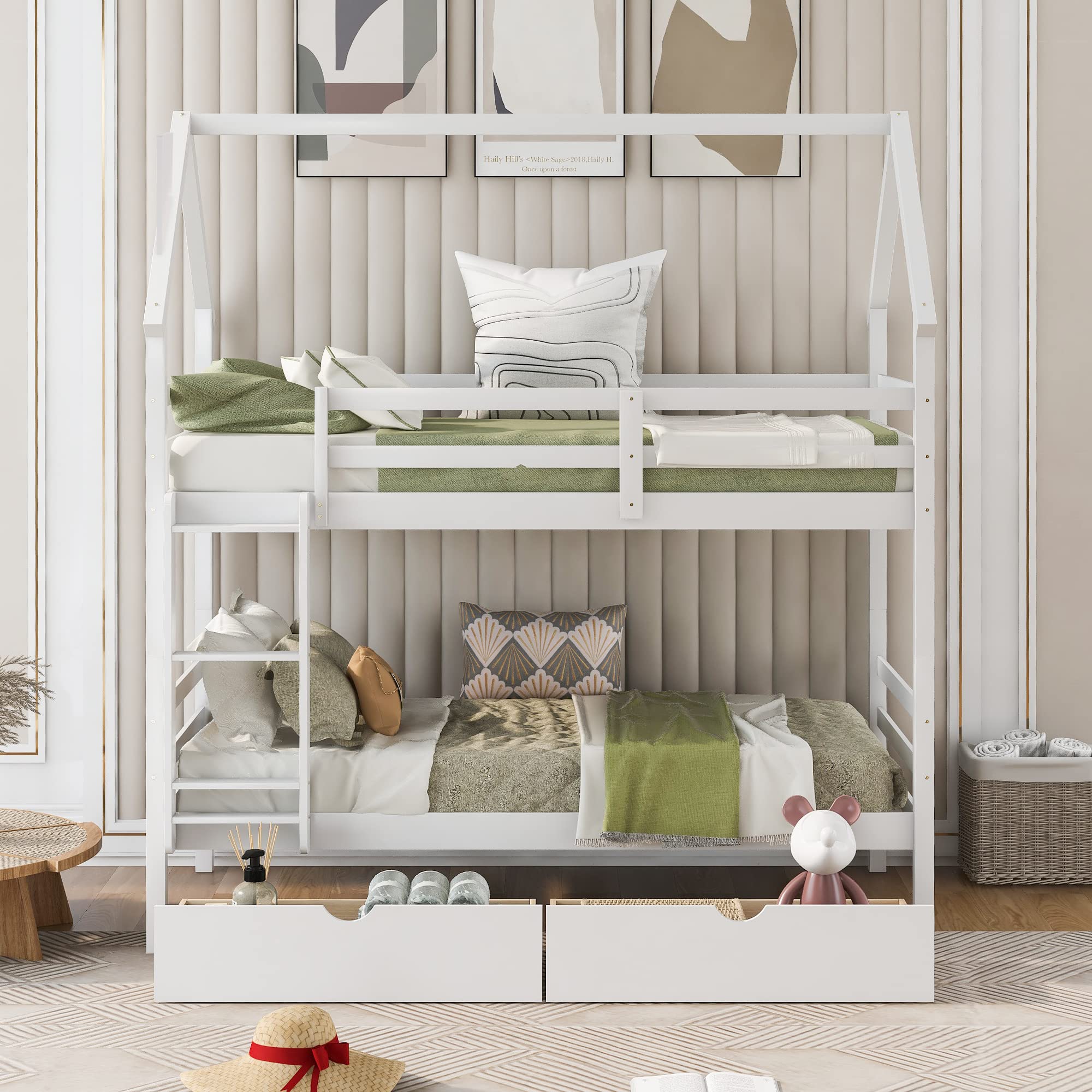 Twin Over Twin Wooden Bunk Bed with 2 Drawers & Chimney Design - Convertible to 2 Separate Beds for Kids, Teens & Toddlers - No Box Spring Required (White) | Perfect for Kids' Bedrooms, Guest Rooms & Space-Saving Home Solutions