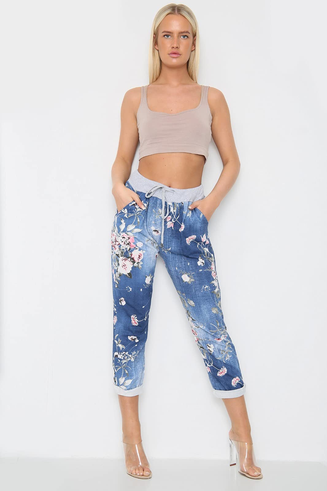 Women's Floral Print Denim Joggers - High Waisted Casual Sweatpants for Summer & Gym | Plus Size 6-20 | Perfect for Yoga, Running Errands & Lounge Wear