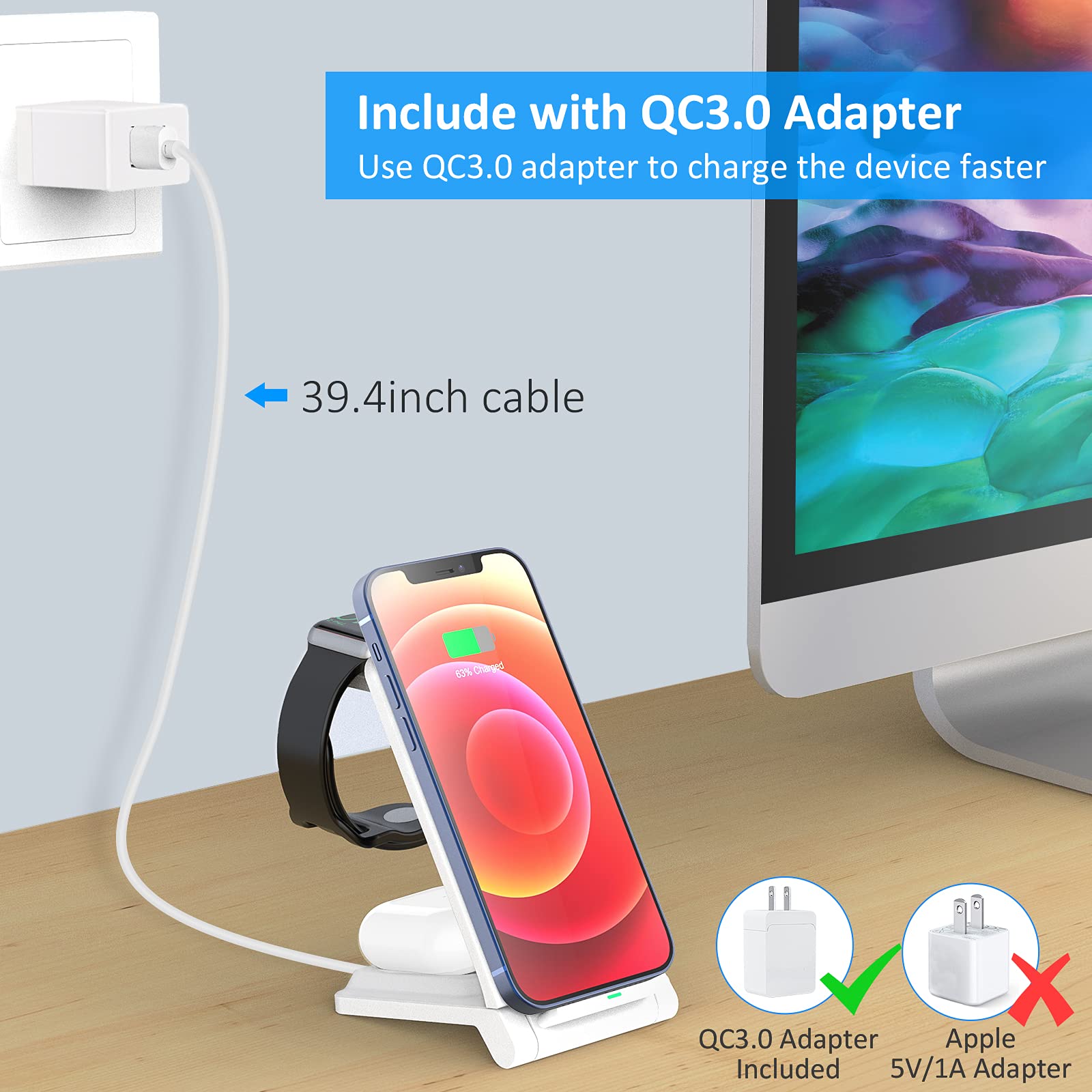3-in-1 Foldable Wireless Charging Station - 18W Fast Charger for iPhone 16/15/14/13/12 Pro Max & Galaxy S23 | Portable Travel Charger for Apple Watch Series 9/8 & AirPods Pro/4/3/2 | Perfect for Home, Office & Travel Use
