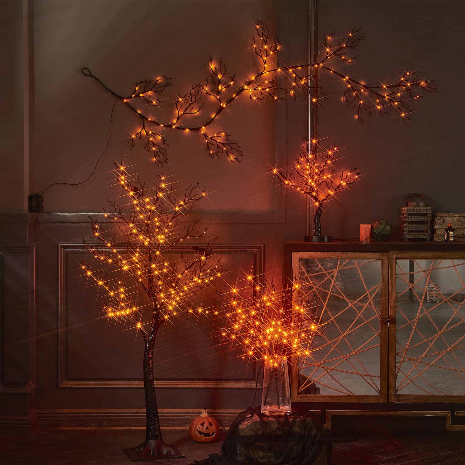 Fudios 4FT Lighted Black Halloween Tree with 150 Orange LED Fairy Lights - Indoor/Outdoor Plug-in Decor for Spooky Party, Home, Yard & Haunted House Themes