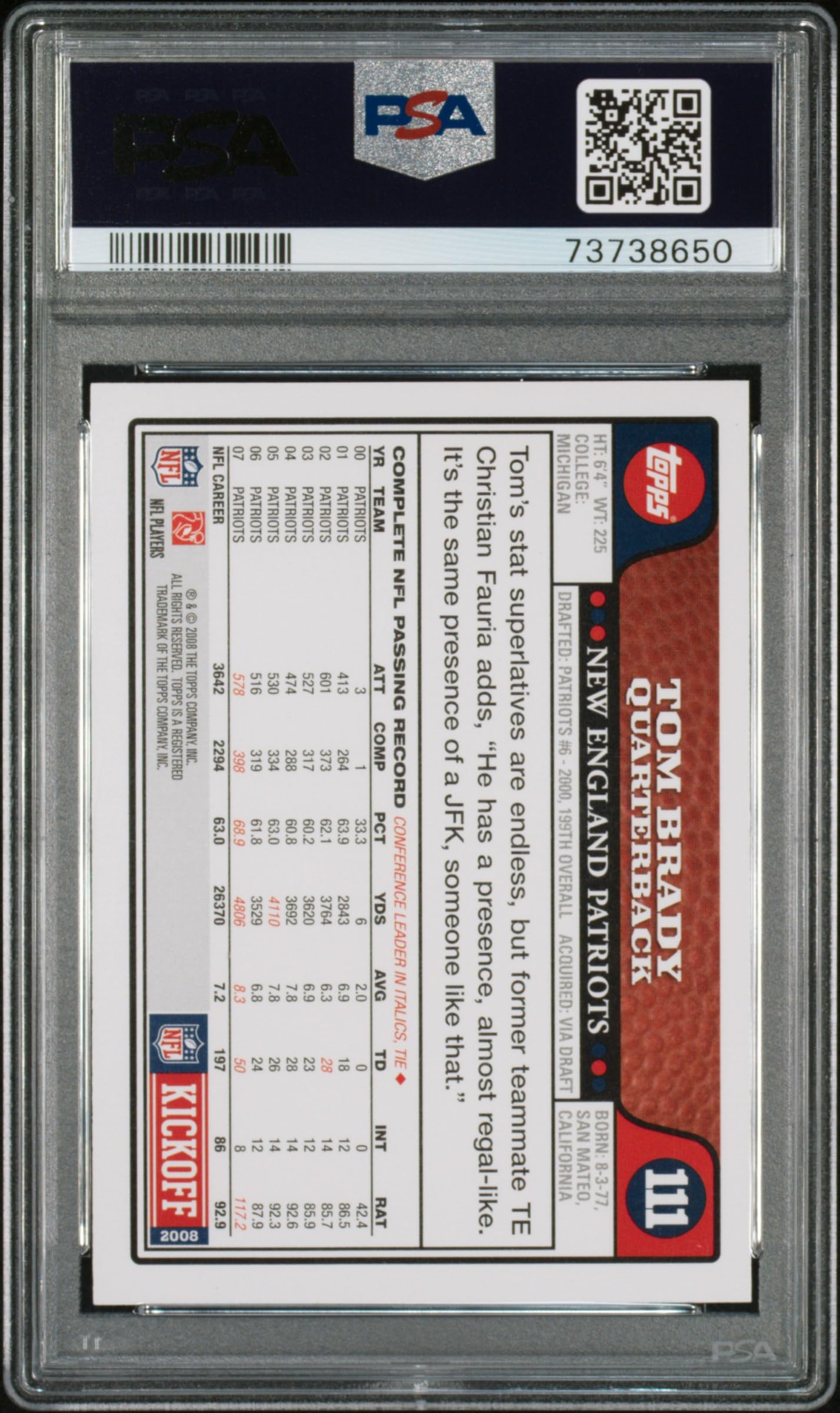 Tom Brady 2008 Topps Kickoff Football Card #111 PSA 10 Gem Mint - Rare Collectible for NFL Fans, Sports Memorabilia Display & Investment