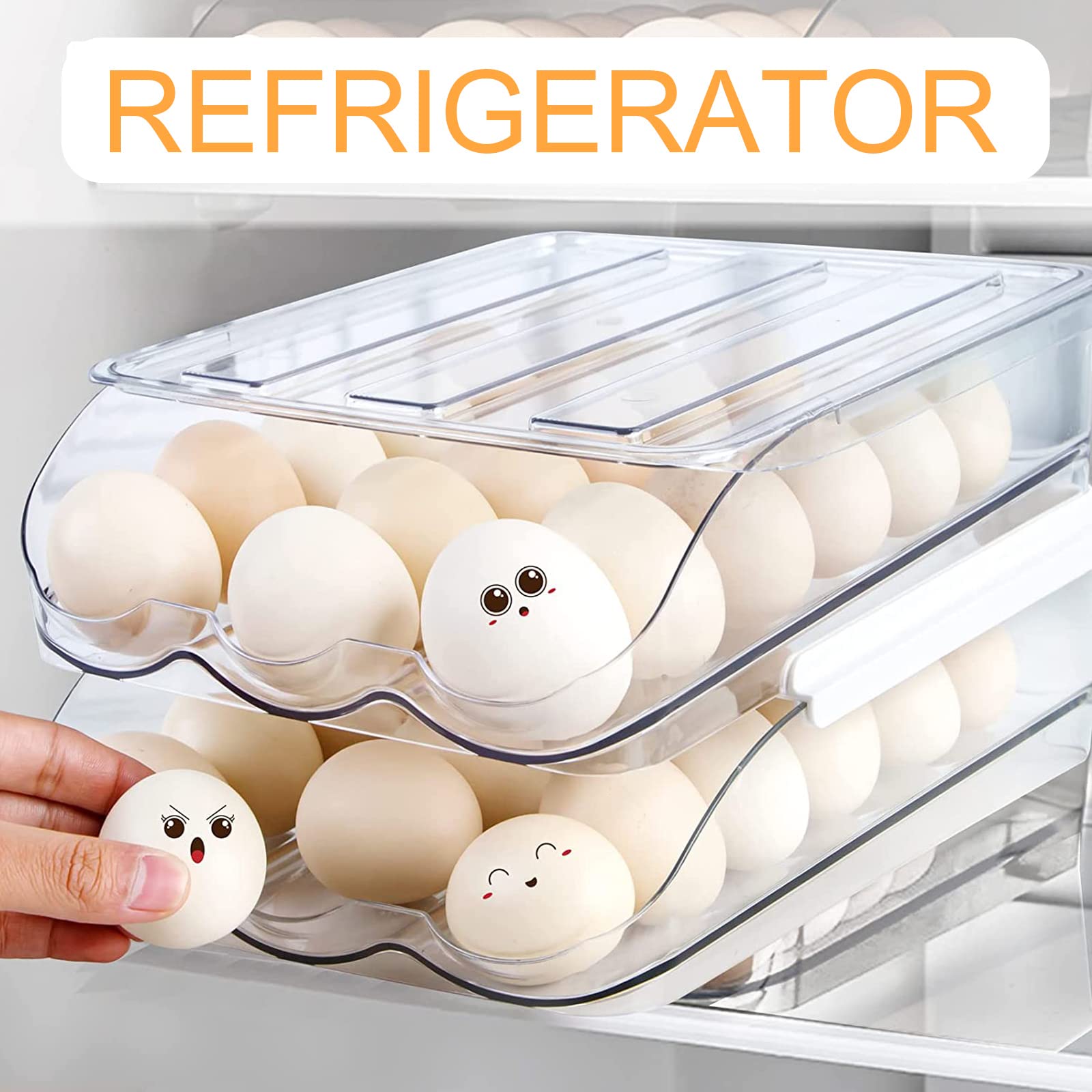 Auto Rolling Egg Storage Container for Fridge - 2 Layer Kitchen Organizer with Lids | Perfect for Fresh Egg Storage, Space Saving Fridge Organization & Easy Access in Breakfast Cooking