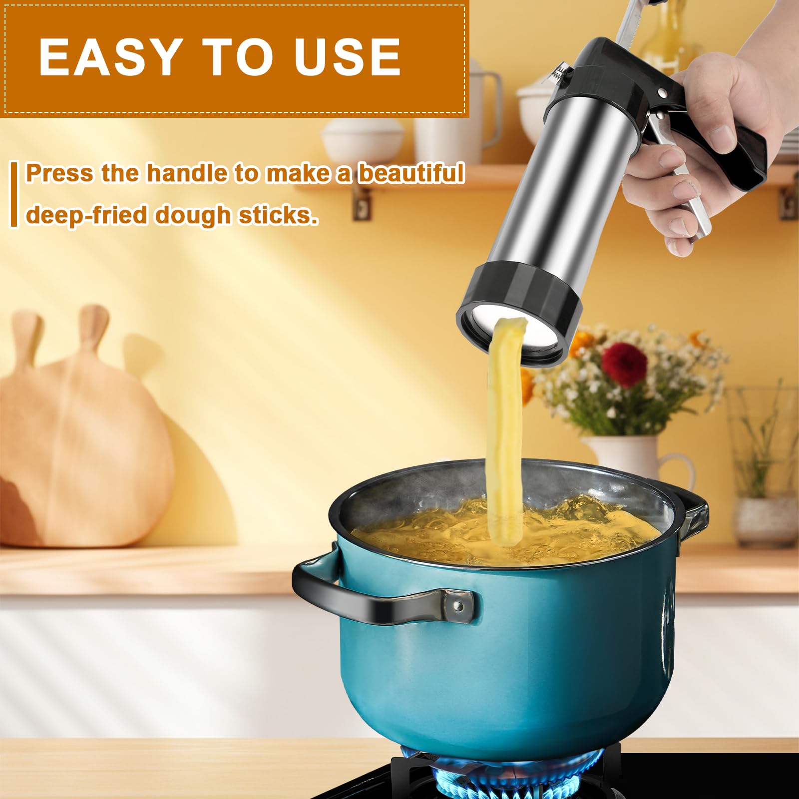 Stainless Steel Churro Maker Machine Kit with 3 Nozzle Tips & Piping Bag - Easy to Clean Hollow Churro Gun with Sponge Brush - Perfect for Home Baking, Parties, and Spanish Dessert Making