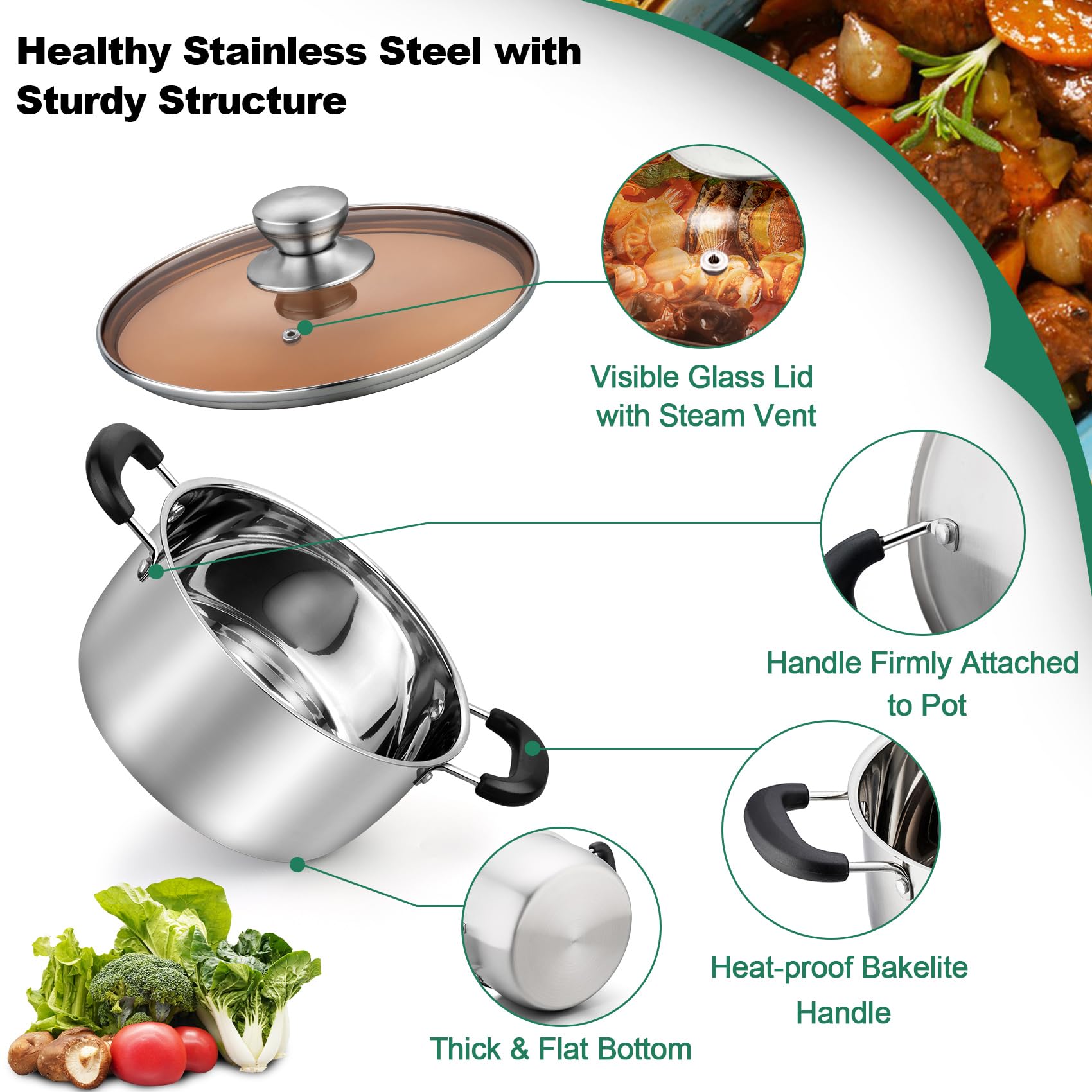 **TeamFar 6 Quart Stainless Steel Stock Pot with Lid – Pasta & Soup Cooking Pot, Double Bakelite Heat-Resistant Handles, Tempered Glass Lid – Dishwasher Safe, Non-Toxic, Easy Clean – Perfect for Home Cooking, Meal Prep & Large Gatherings**