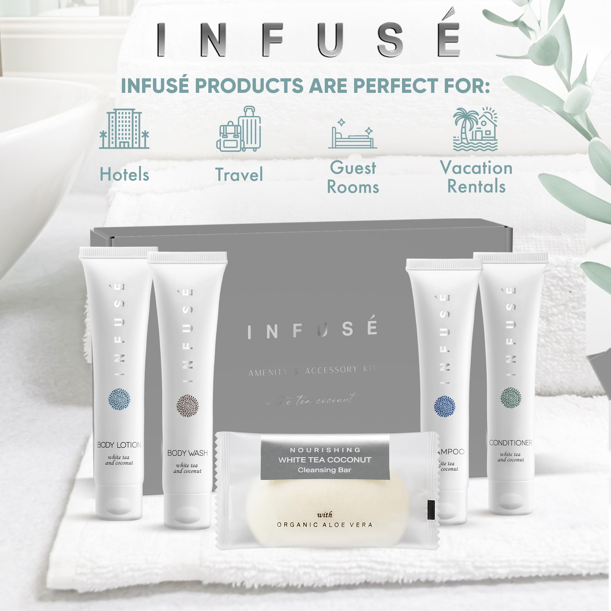 Infuse Amenity Kit - Bulk Hotel Toiletries Set (1 oz Shampoo, Conditioner, Lotion, Body Wash & Bar Soap) - 15 Sets/Case for Hospitality, Vacation Rentals & Guest Amenities - Perfect for Hotels, Resorts, Airbnbs & Travel Essentials
