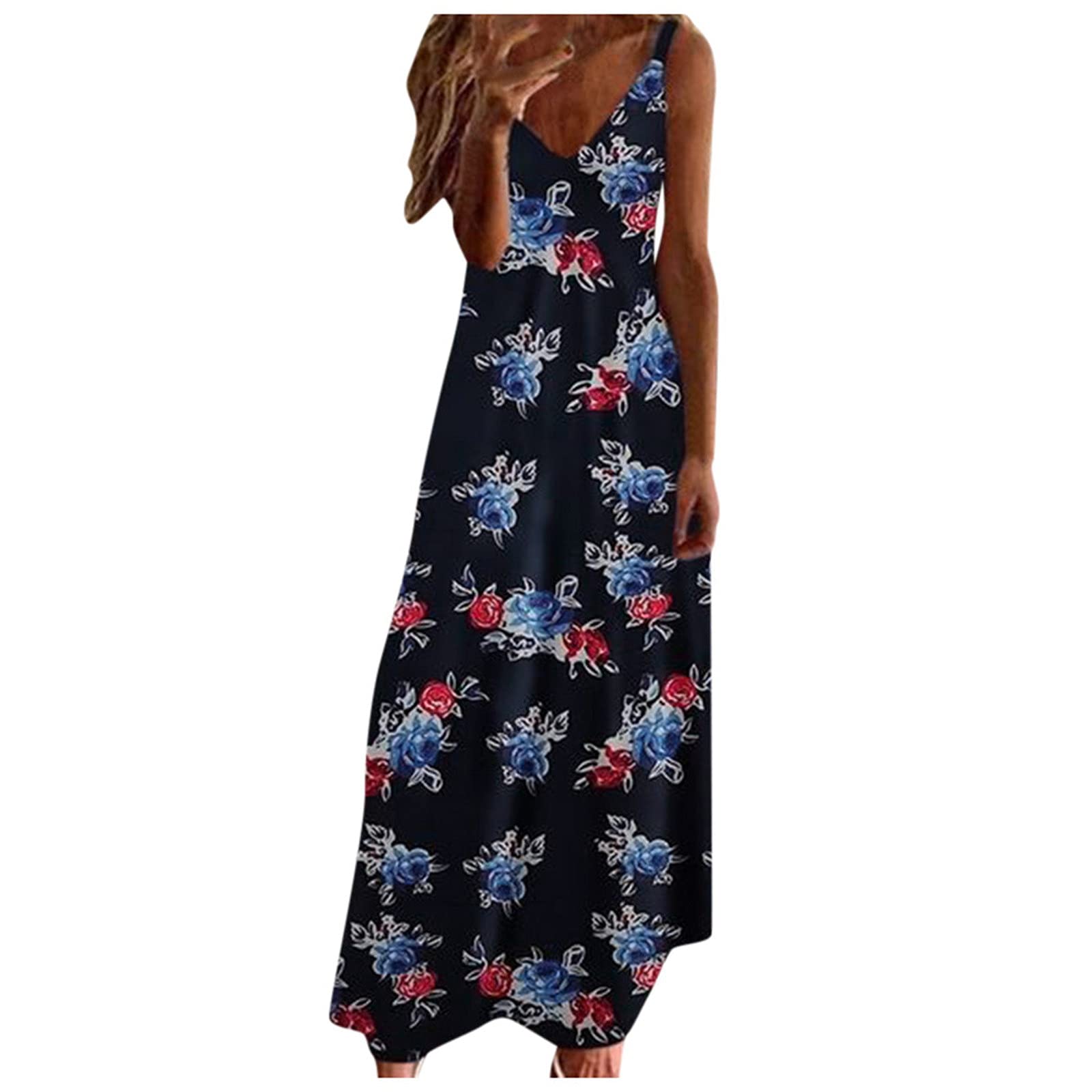 Women's Casual Loose Floral V-Neck Sleeveless Maxi Sundress - Long Summer Beach Dress with Side Slit for Party, Vacation & Outdoor Activities