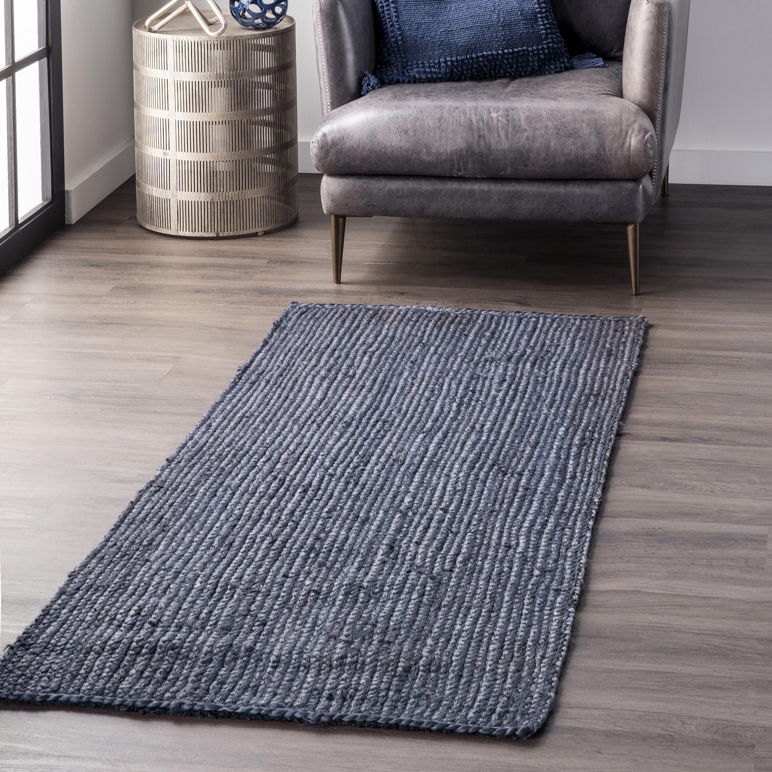 nuLOOM 2x10 Rigo Jute Hand Woven Area Rug - Navy Blue Solid Farmhouse Design, Natural Fiber Rug for Bedroom, Living Room, Dining Room, Hallway, Office, Kitchen & Entryway - Perfect for Boho Chic Decor & Cozy Home Accents