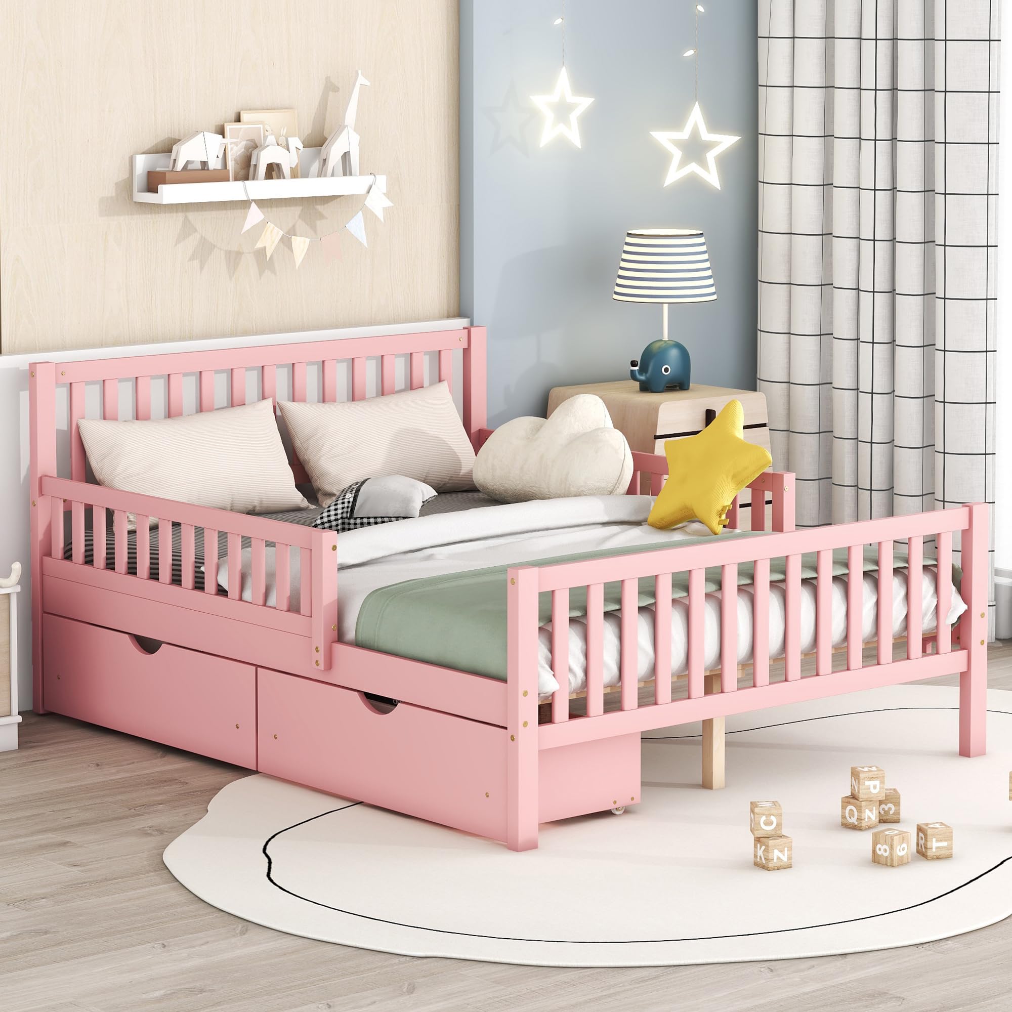 Pink Kids Full Bed Frame with Guardrails, Low Platform Bed with Headboard & Footboard, 2 Storage Drawers - Safe Toddler Bed for Boys & Girls - Perfect for Bedrooms, Daycare & Sleepovers