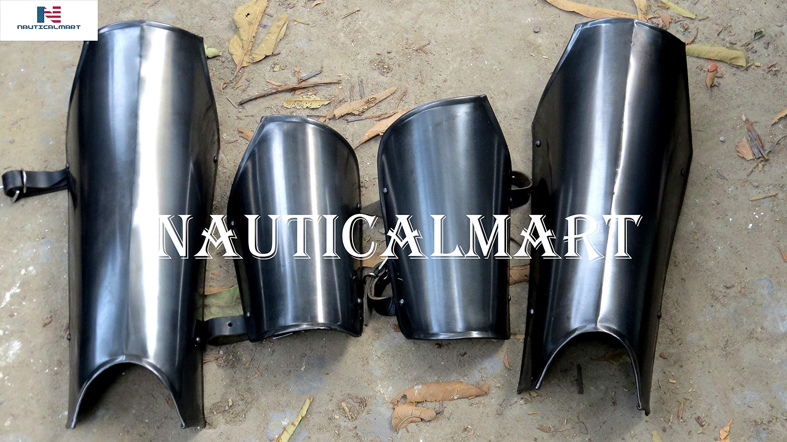 Medieval Steel Blackened Arm Guard & Leg Guard Set - Vambraces & Greaves for LARP, Cosplay, Renaissance Fairs & Historical Reenactment - Dark Knight Armor Protection