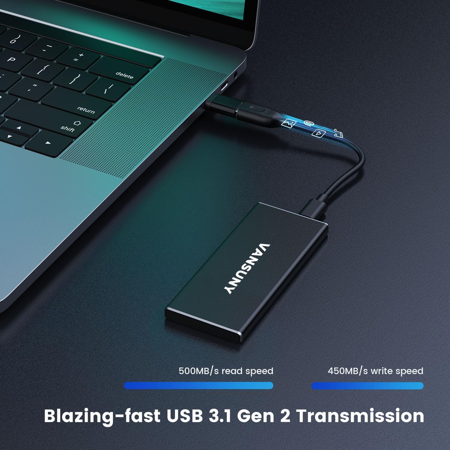 Vansuny 2TB Portable External SSD - USB 3.1 Gen2 Solid State Drive with 500MB/s Speed, Compact Metal USB-C External Hard Drive for PC, Laptop, Smartphone, Gaming & Photo Storage - Perfect for Travel, Work & Backup Solutions