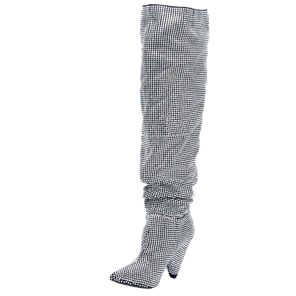 Stylish Women's Rhinestone Embellished Pointed Toe Over The Knee Boots - Fashionable High Heel Dress Boots for Party, Night Out & Special Occasions