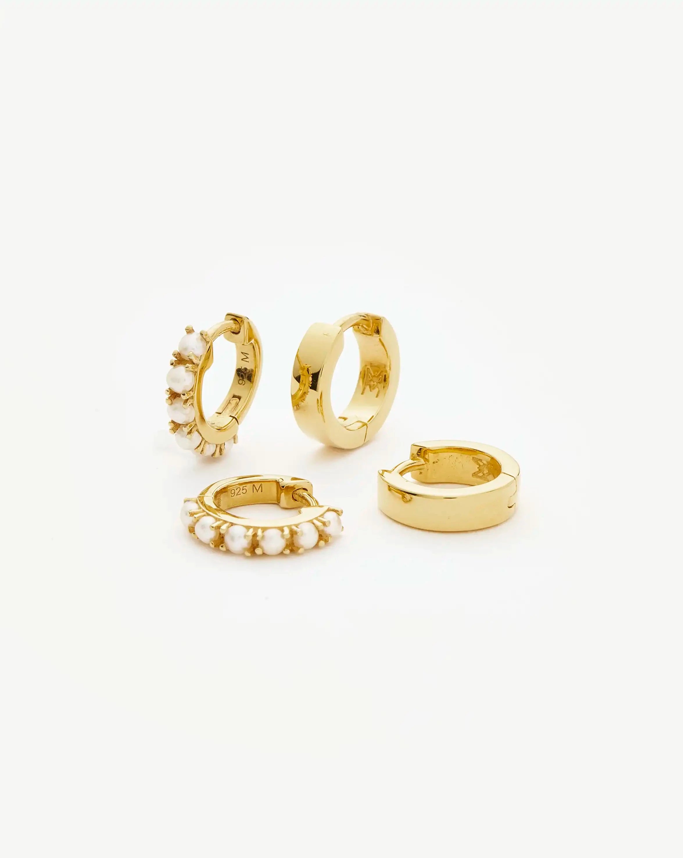Chubby & Gemstone Huggie Hoop Earrings Set - 18k Gold Plated Vermeil with Pearl Accents | Elegant Everyday Jewelry for Women, Perfect for Office, Date Night & Special Occasions