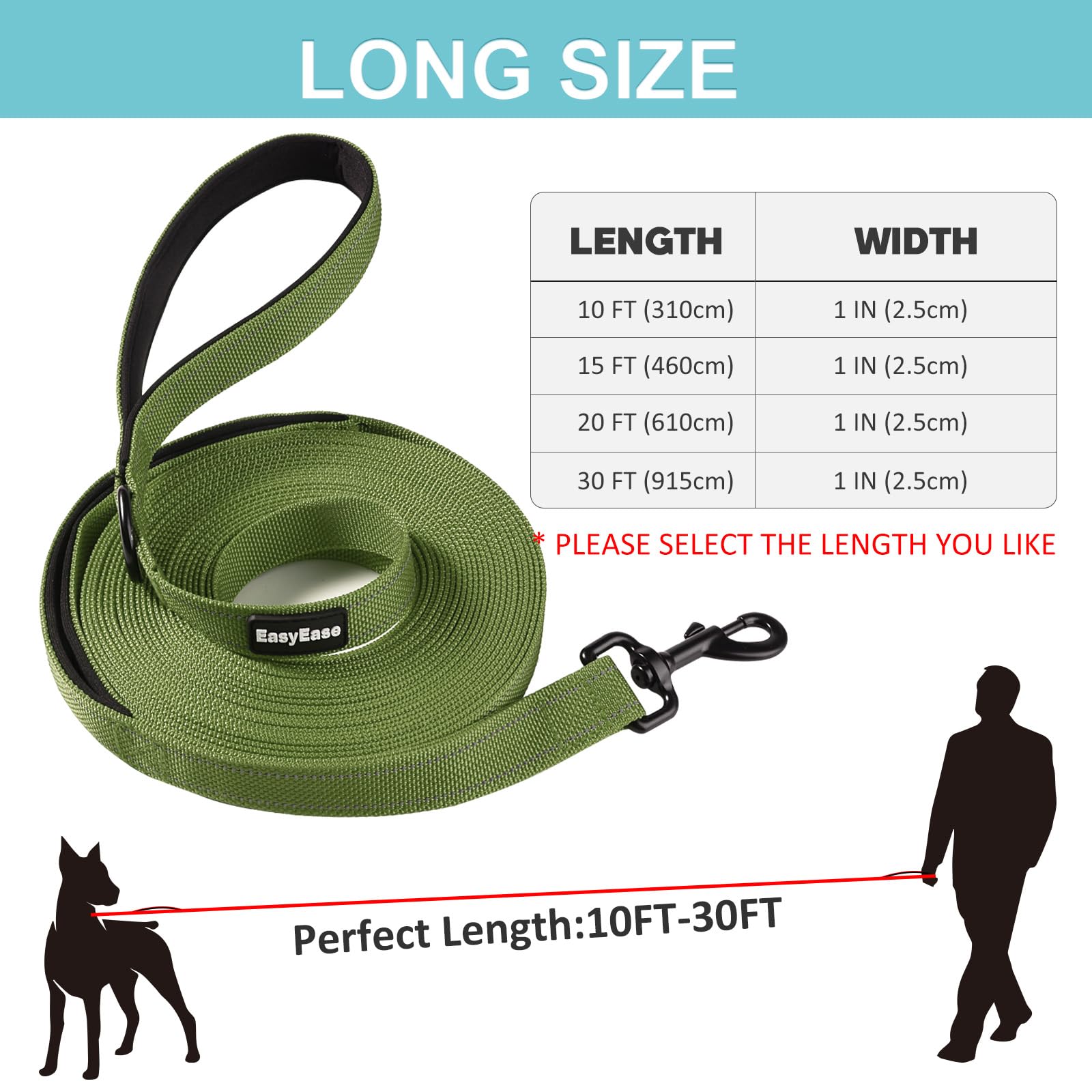 30FT Heavy Duty Reflective Dog Leash with 2 Soft Padded Handles - Durable Training & Walking Lead for Small, Medium & Large Dogs - Perfect for Outdoor Adventures, Jogging, Hiking and Nighttime Safety