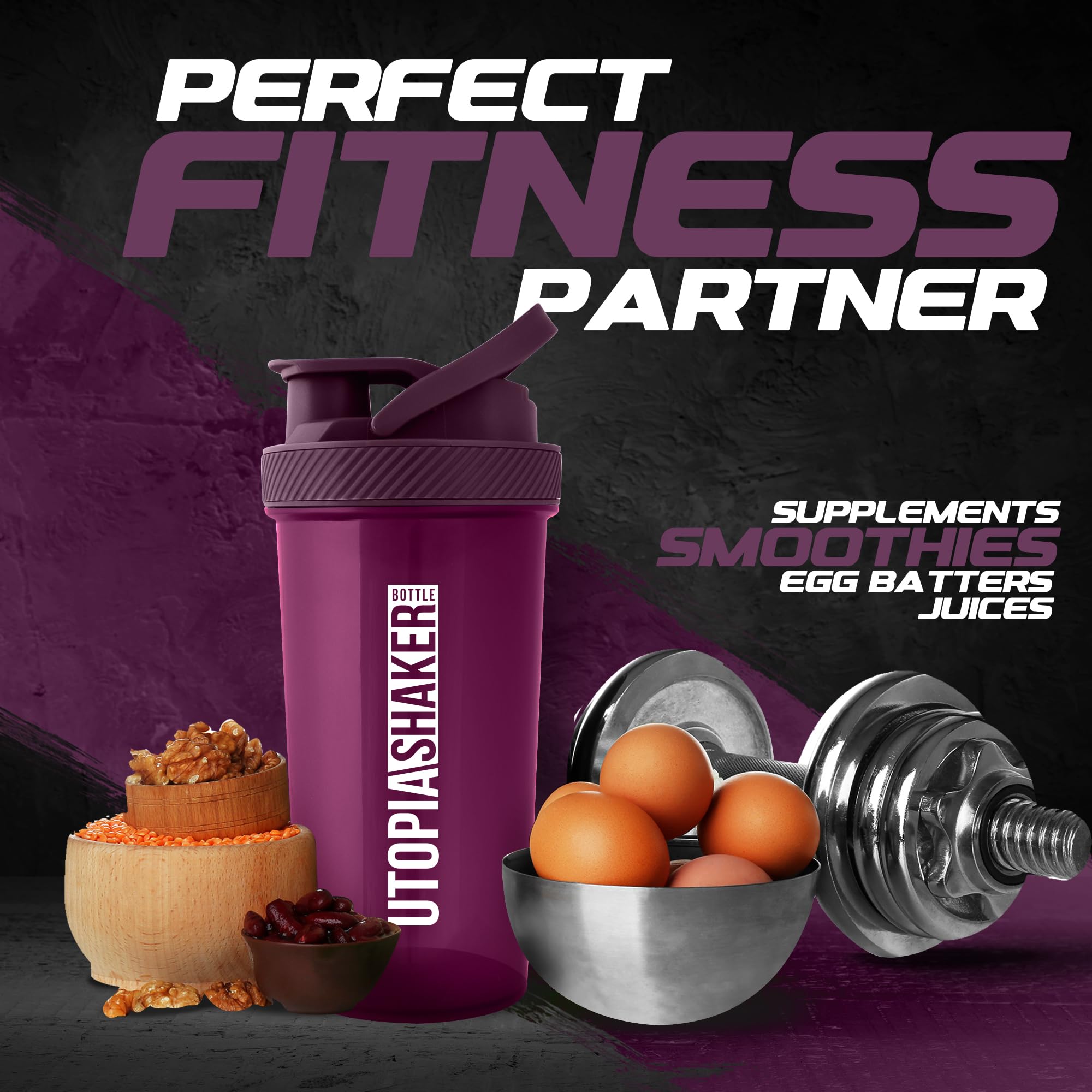 Utopia Home 28-Ounce Protein Shaker Bottle (Pack of 2) - BPA-Free Fitness & Sports Drink Mixer for Protein Powder, Pre-Workout & Smoothies - Perfect for Gym, Workout & Post-Exercise Recovery (Plum & Clear/Plum)