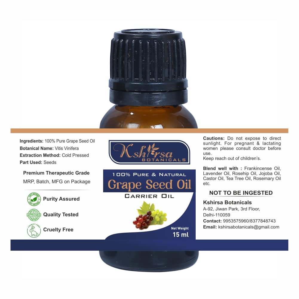 Organic Cold Pressed Grape Seed Oil (Vitis Vinifera) - 15ml with Euro Dropper for Skin Care, Hair Growth & Aromatherapy | Natural Moisturizer for Face, Body & Massage | Vegan, Non-GMO Beauty Treatment