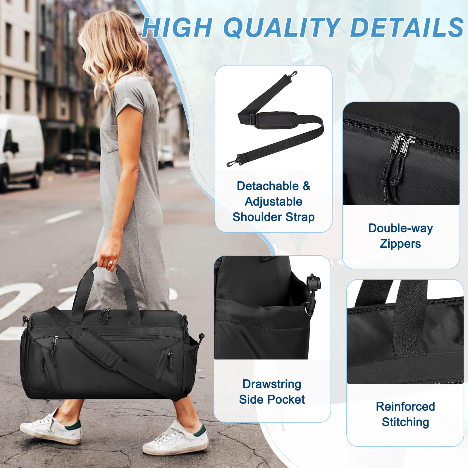 Vaschy 20in Medium Weekender Duffle Bag for Travel, Gym & Yoga - Water-Resistant Carry-On Overnight Bag with Shoe Compartment & Luggage Sleeve - Perfect for Women & Men (Black) | Ideal for Weekend Getaways, Fitness Sessions & Business Trips