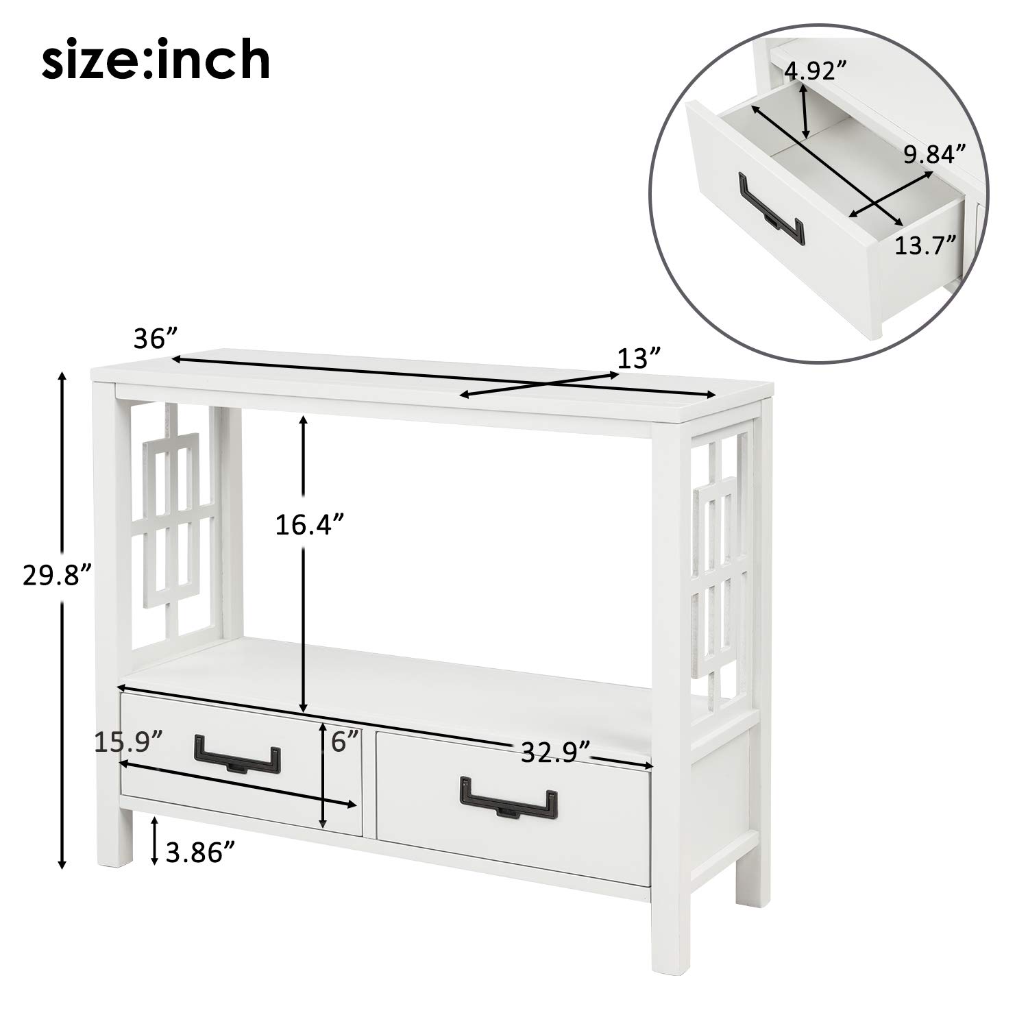 Rustic Pine Wood Console Table with 2 Drawers & Storage Shelf - Farmhouse Narrow Sofa Table for Entryway, Living Room, Bedroom or Hallway - Perfect for Small Space Organization & Home Decor (White Finish)