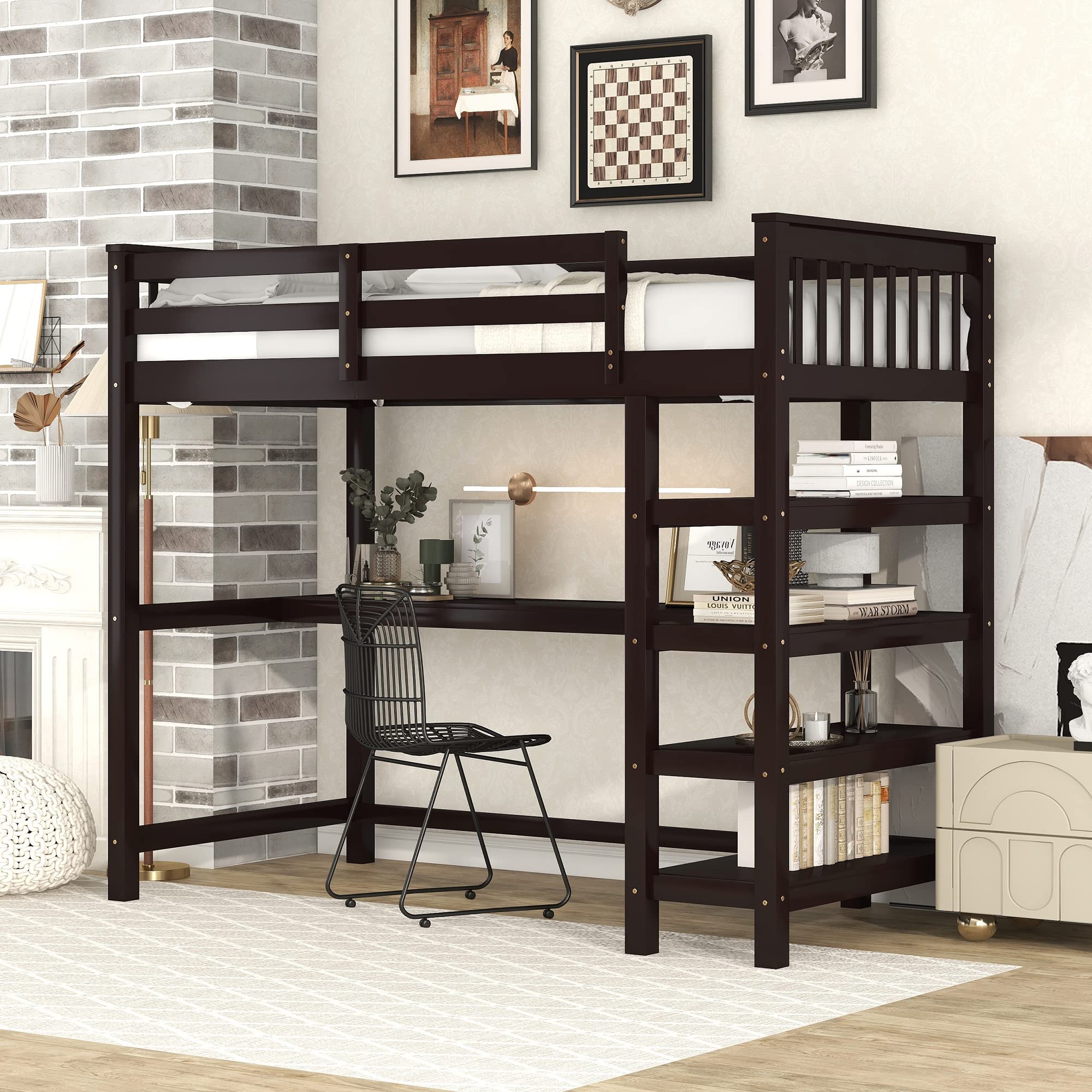 Bellemave Twin Loft Bed with Desk & Bookshelf - Wooden Bunk Bed with 4 Storage Shelves for Kids, Teens, Boys & Girls - Space Saving Dorm Furniture for Small Rooms (Espresso Finish) - Perfect for Bedrooms, College Dorms & Studio Apartments