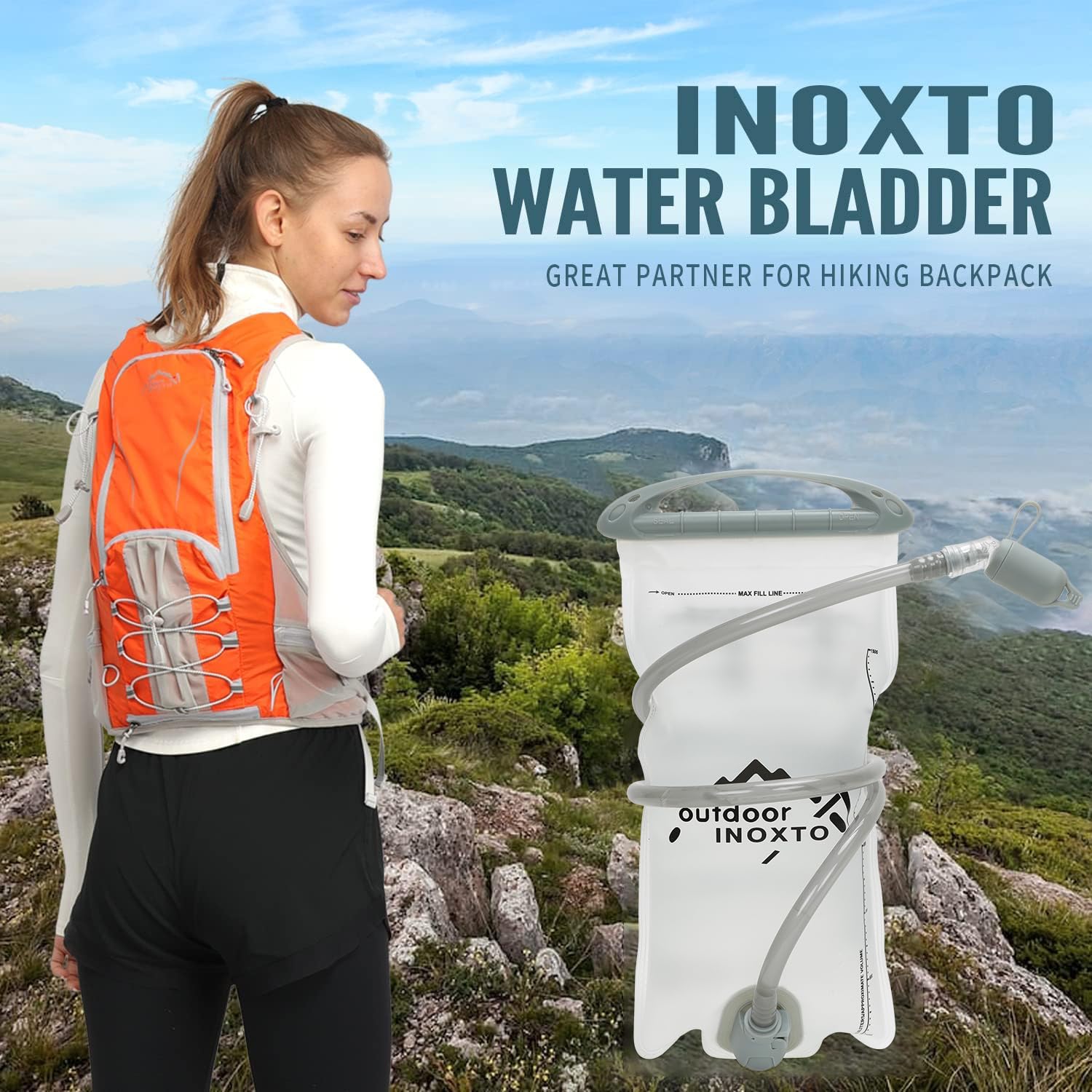 INOXTO 1.5L/2L Hydration Bladder - Leak Proof Water Reservoir with Insulated Hose & High Flow Bite Valve for Hiking, Camping, Cycling & Running - Perfect for Outdoor Adventures & Sports Hydration