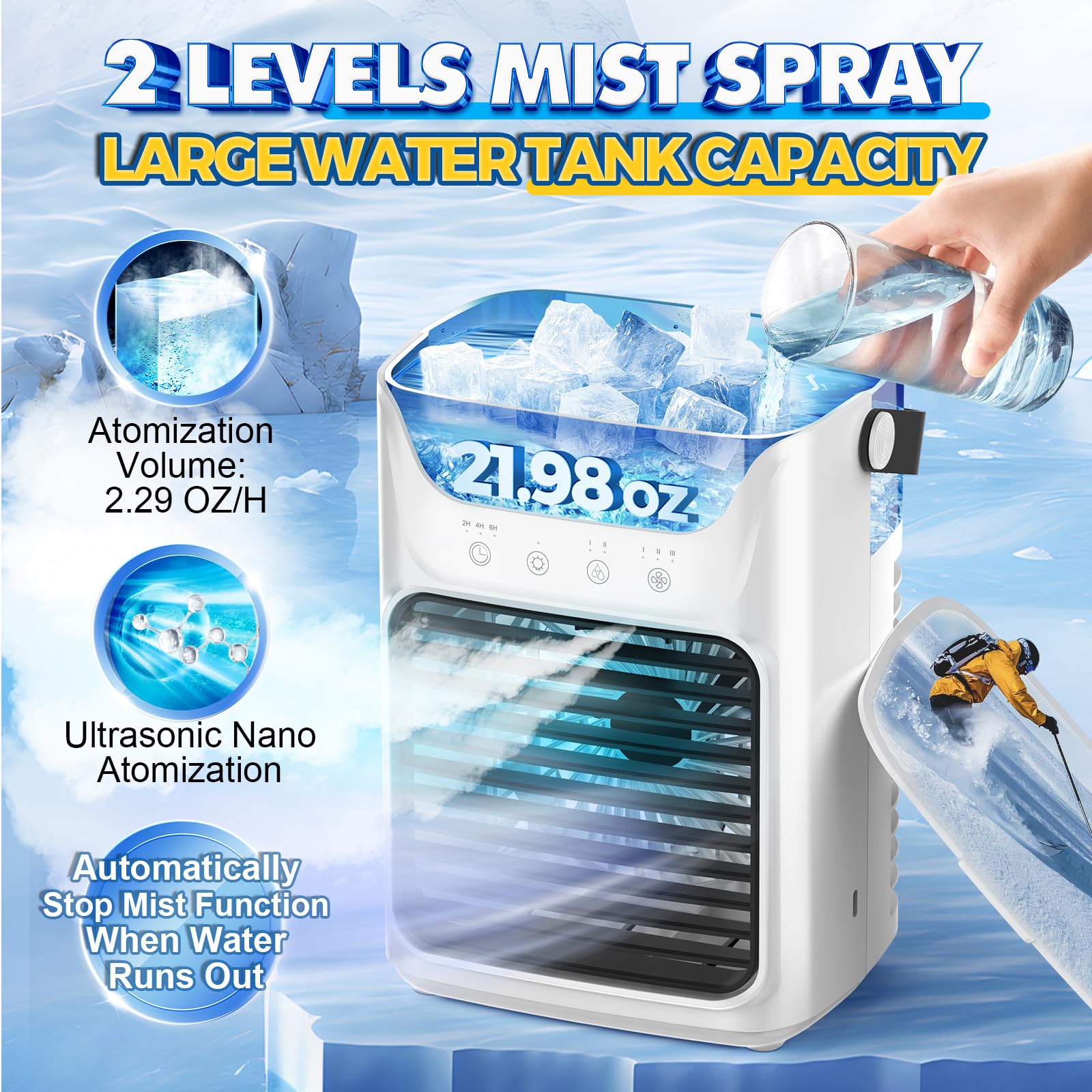Portable Air Conditioner & Cooling Fan - Mini AC with 3 Speed Settings, 3 Timer Modes, Humidifier Function | Personal Desk Evaporative Air Cooler for Home, Office, Bedroom, Car & Travel Use