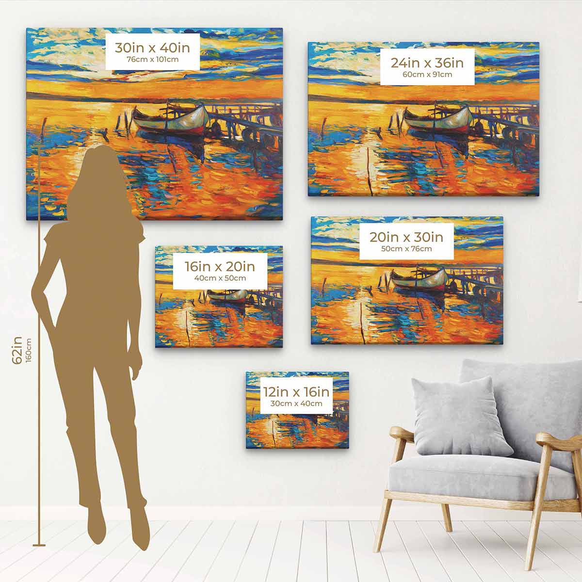 Orange Boat at Sunset Wall Art Canvas Print - 4096 HD Beach Ocean Landscape Painting for Living Room, Bedroom & Office Decor