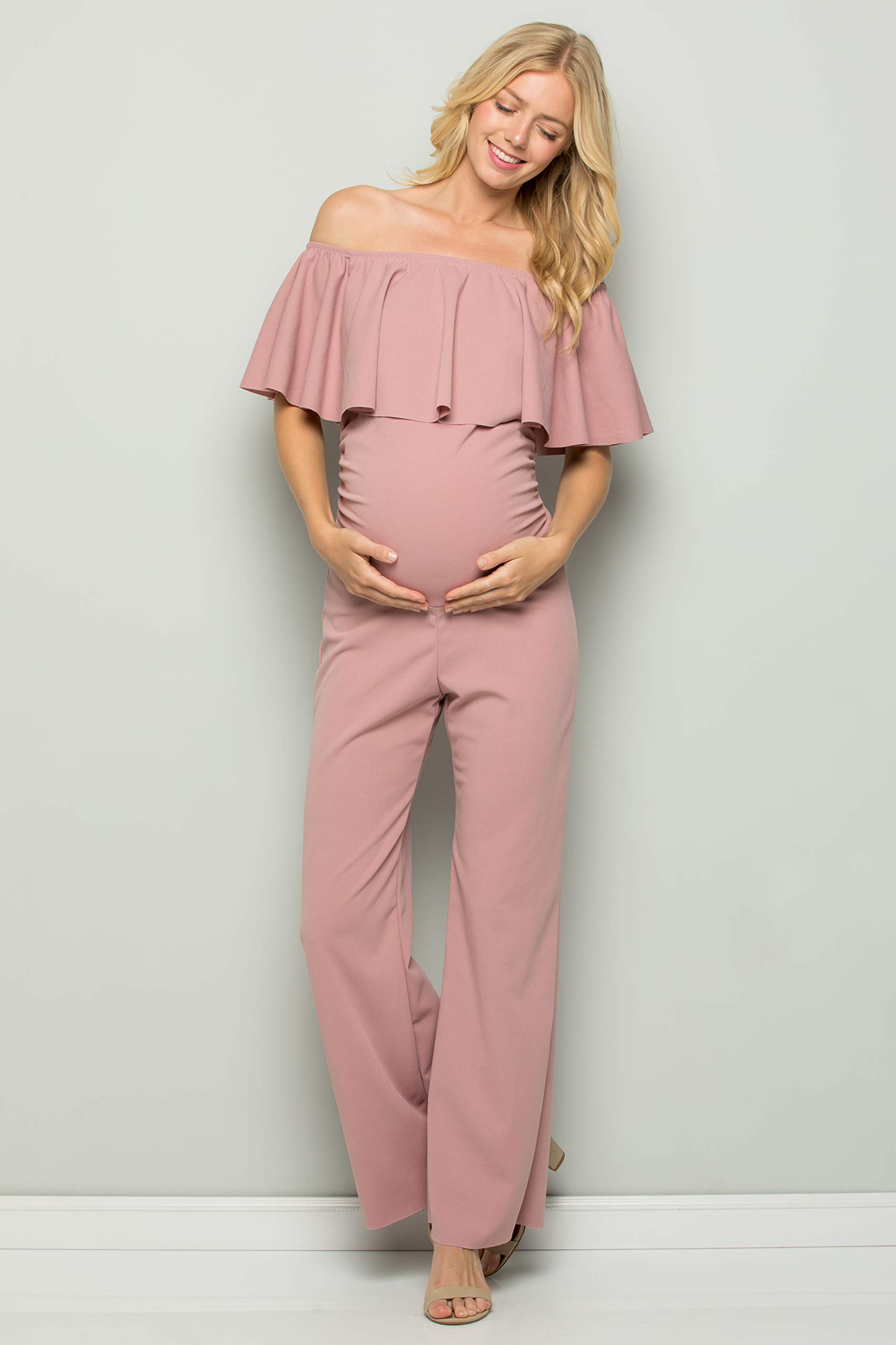 My Bump Maternity Ruffle Off Shoulder Jumpsuit - Made in USA | Stylish Pregnancy Outfit for Baby Showers, Maternity Photos & Special Occasions