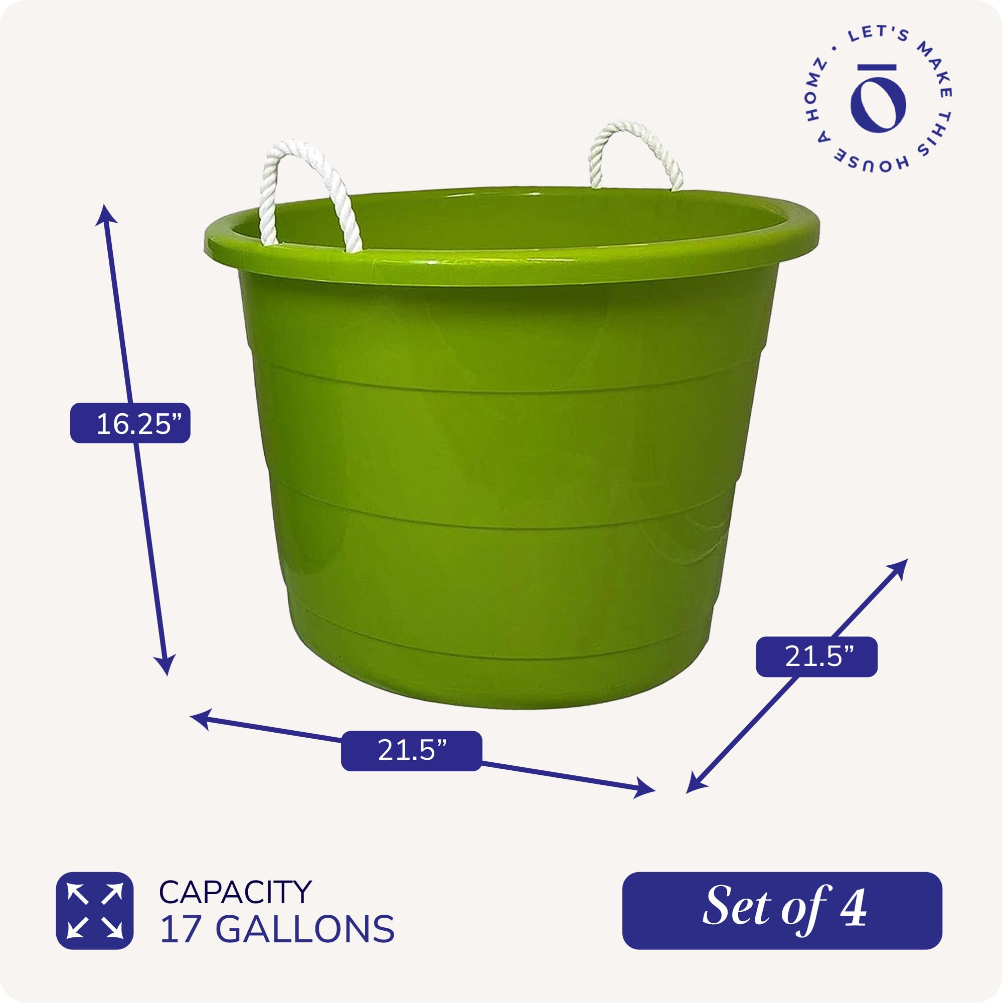 HOMZ 4-Pack 17 Gallon Large Plastic Storage Buckets with Rope Handles - Heavy Duty Utility Tubs for Home Organization, Garage Storage, and Outdoor Use - Green