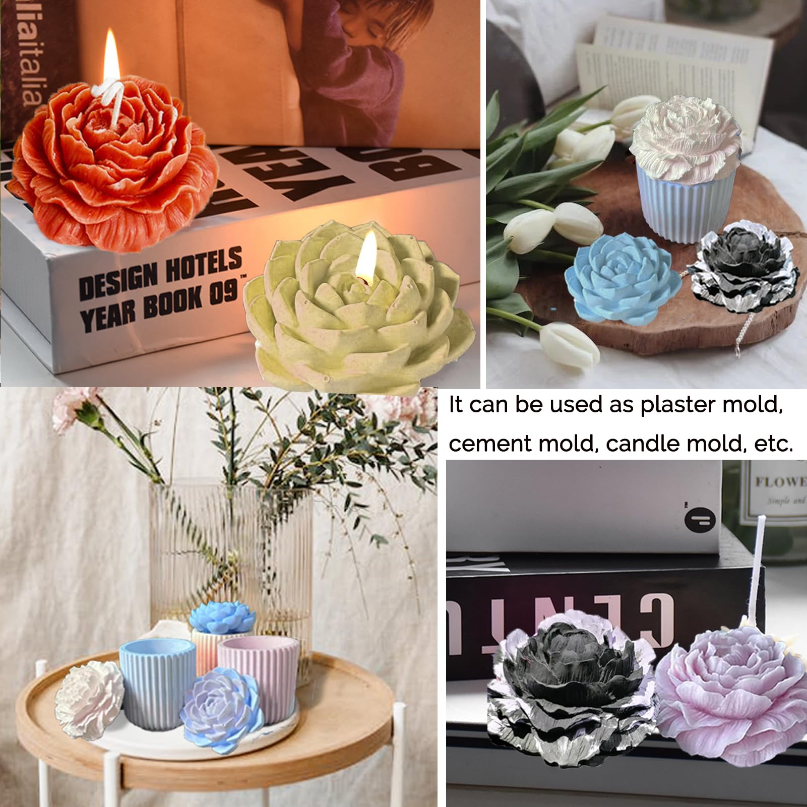 Succulent & Peony Flower Candle Soap Silicone Mold Set - Concrete Candle Molds for DIY Candle Making, Jar Lid Molds with Floral Designs - Perfect for Home Decor, Wedding Favors, and Handmade Gifts