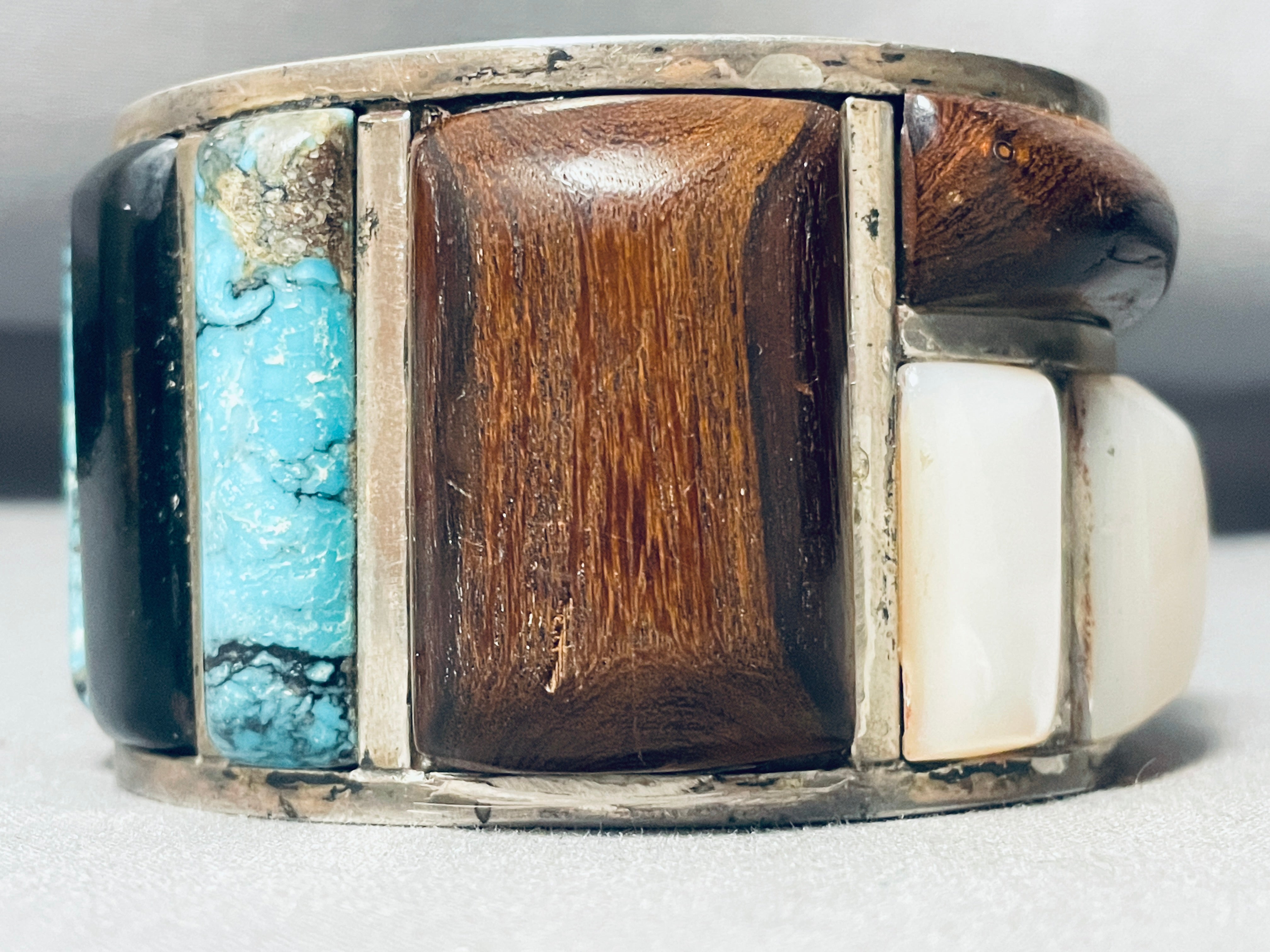 Vintage Navajo Turquoise Wood Inlay Sterling Silver Bracelet - 138g Handmade Native American Jewelry for Women, Boho Chic Accessories, Perfect for Festivals & Special Occasions