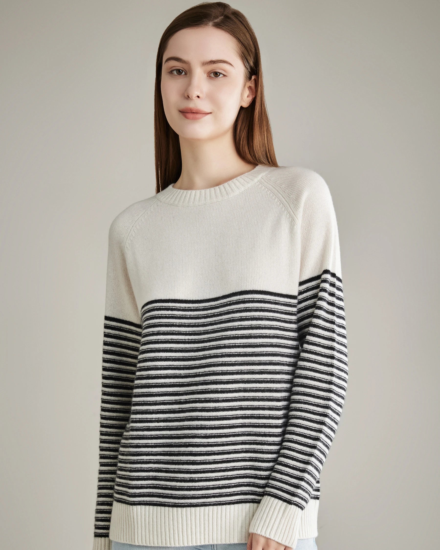 Luxury Striped Crewneck Cashmere Sweater for Women - Soft & Warm Winter Pullover - Perfect for Office, Travel & Casual Outfits