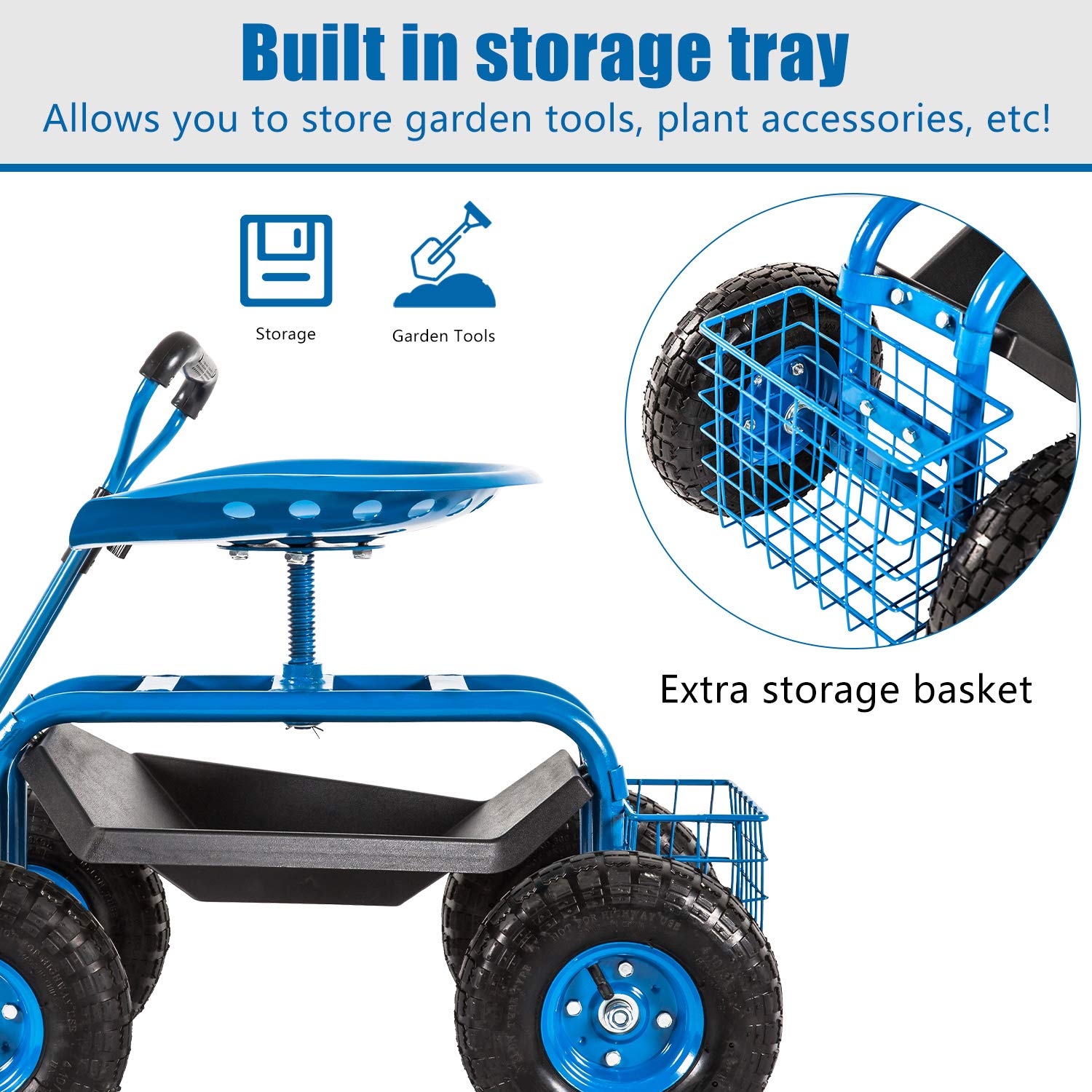 Heavy Duty Garden Cart with Extendable Handle - Rolling Scooter for Gardening, Planting & Yard Work - Perfect for Soil Transport, Mulch Hauling & Outdoor Projects