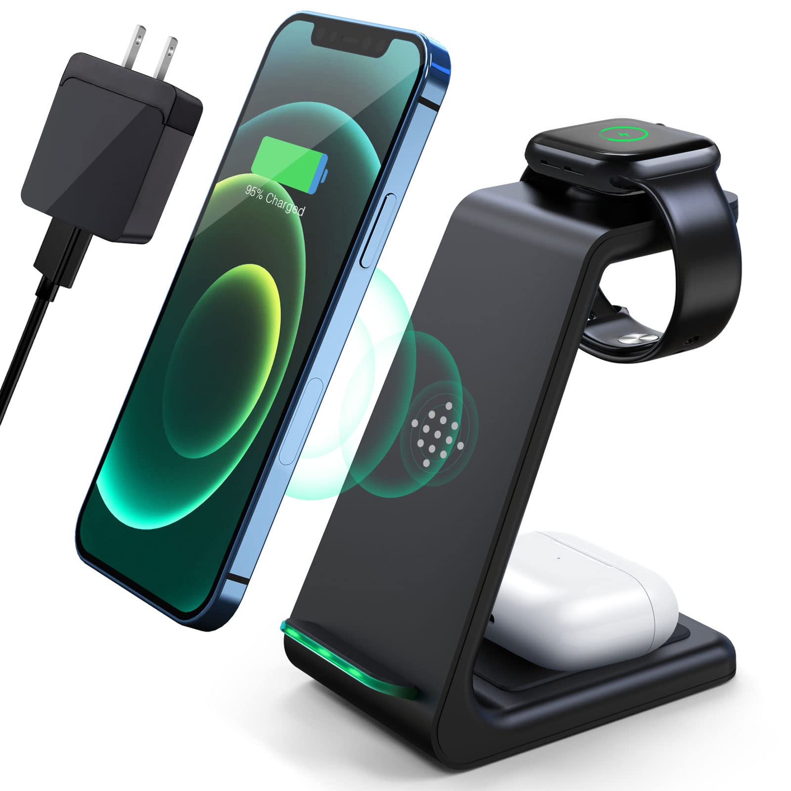 3-in-1 Fast Wireless Charging Station for iPhone 15/14/13/12/11 Pro Max/X/Xs/8/8 Plus, AirPods Pro/3/2 & Apple Watch Series 9/8/7/6/5/SE/4/3/2 - Sleek Black Charging Stand for Bedside, Office & Travel Use