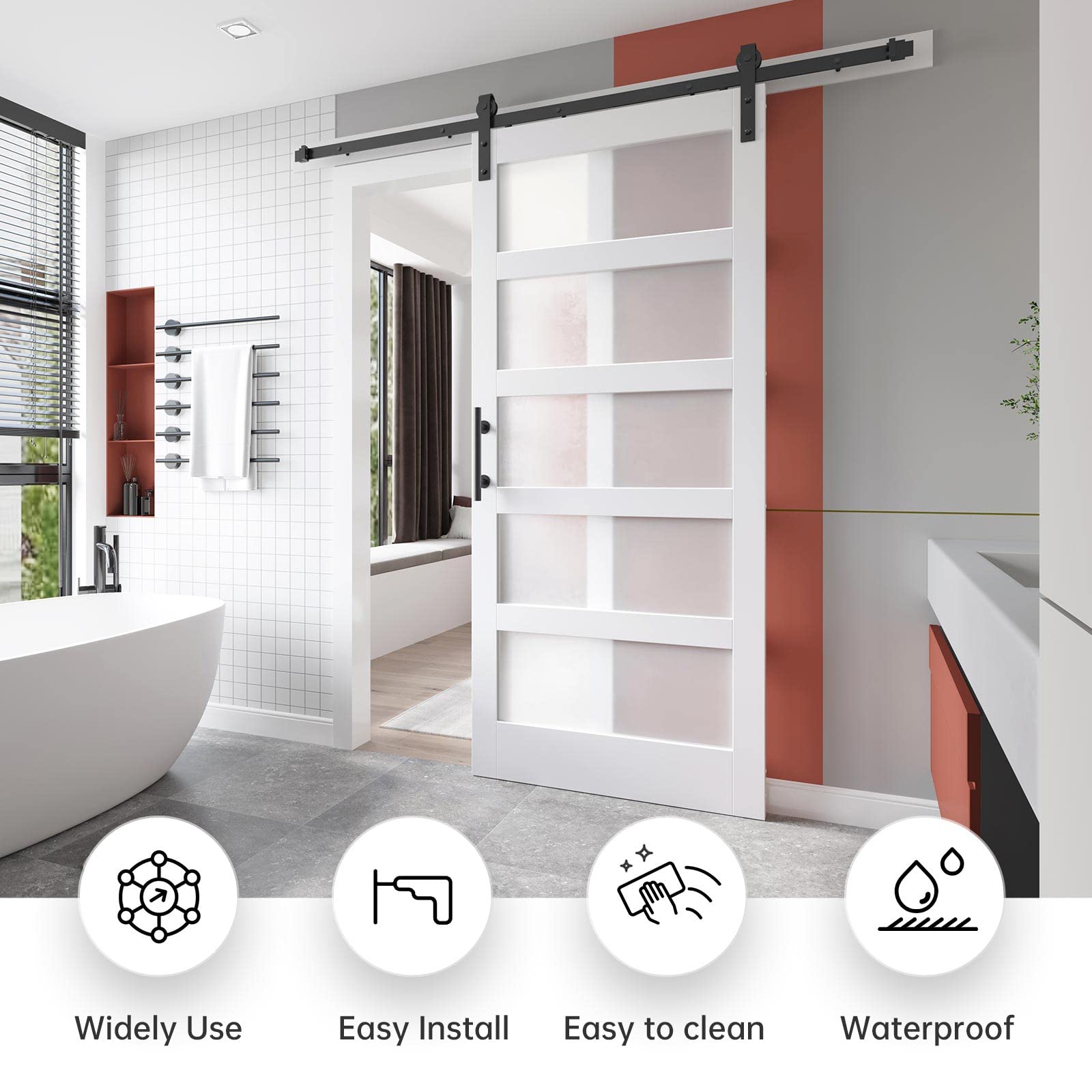 EaseLife 34x84 Inch White 5-Panel Glass Barn Door with 6FT Sliding Hardware Kit - Waterproof Scratch-Resistant PVC Coated Solid LVL Wood - Easy DIY Assembly for Bedroom, Closet, or Office Partition