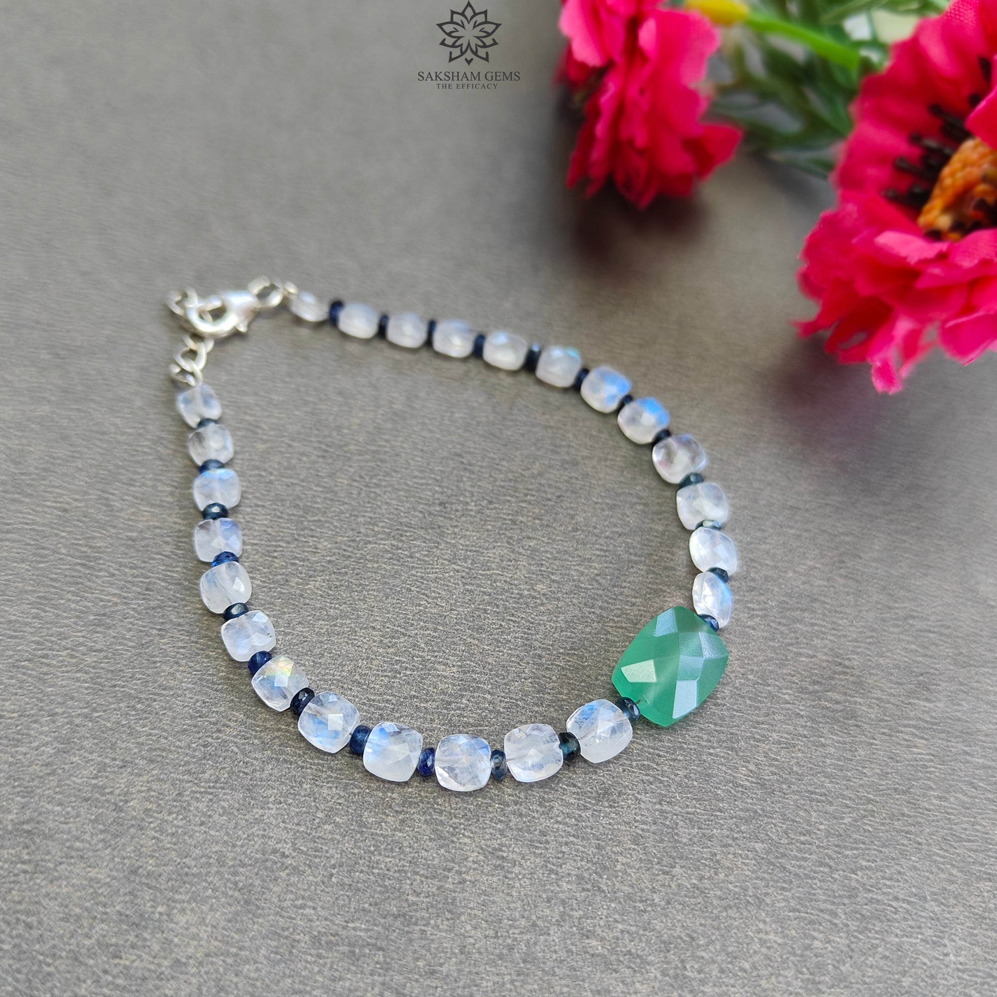 Green Quartz Rainbow Moonstone Blue Sapphire 925 Sterling Silver Beaded Bracelet - 3.56gms Briolette Checker Cut Gemstone Jewelry for Women | Perfect for Boho Style, Wedding Accessories & Gift Giving