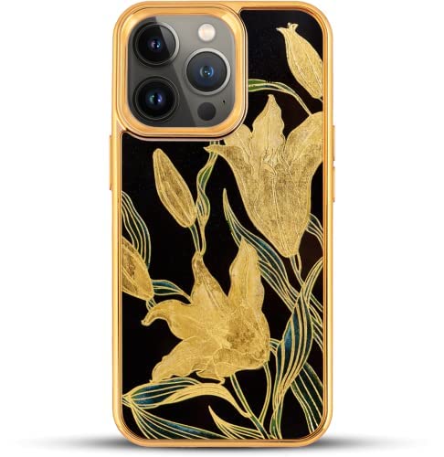La Sonmai iPhone 13 Pro Max Handcrafted Lacquer Case with 24K Gold Fleur-de-lis Design + Tempered Glass Screen Protector & Aluminum Lens Cover - Luxury Protective Phone Accessories for Everyday Use & Special Occasions