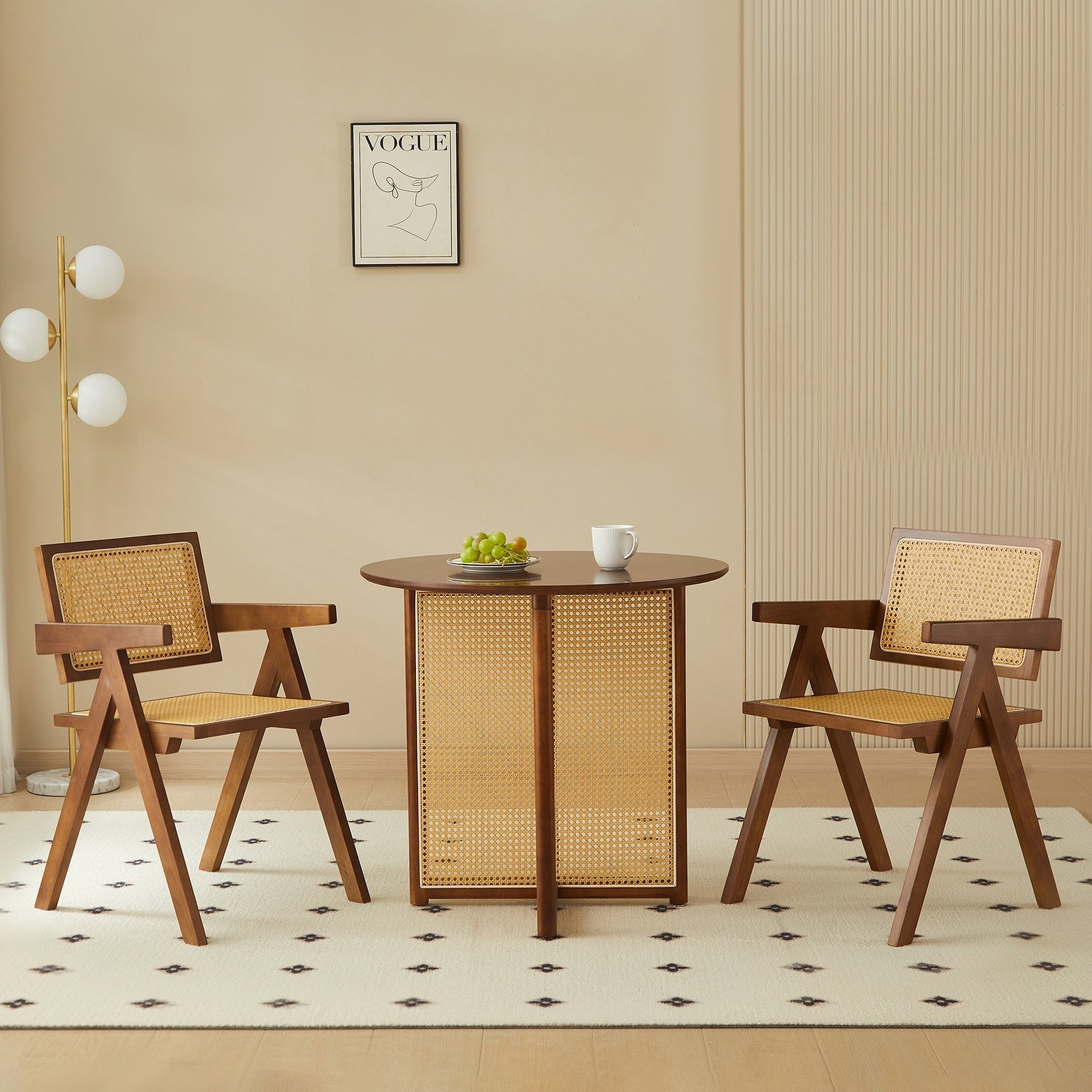 Solid Wood Dining Chairs with Armrests - Natural Rubber Wood & Rattan Woven Design for Kitchen, Dining Room, or Outdoor Patio