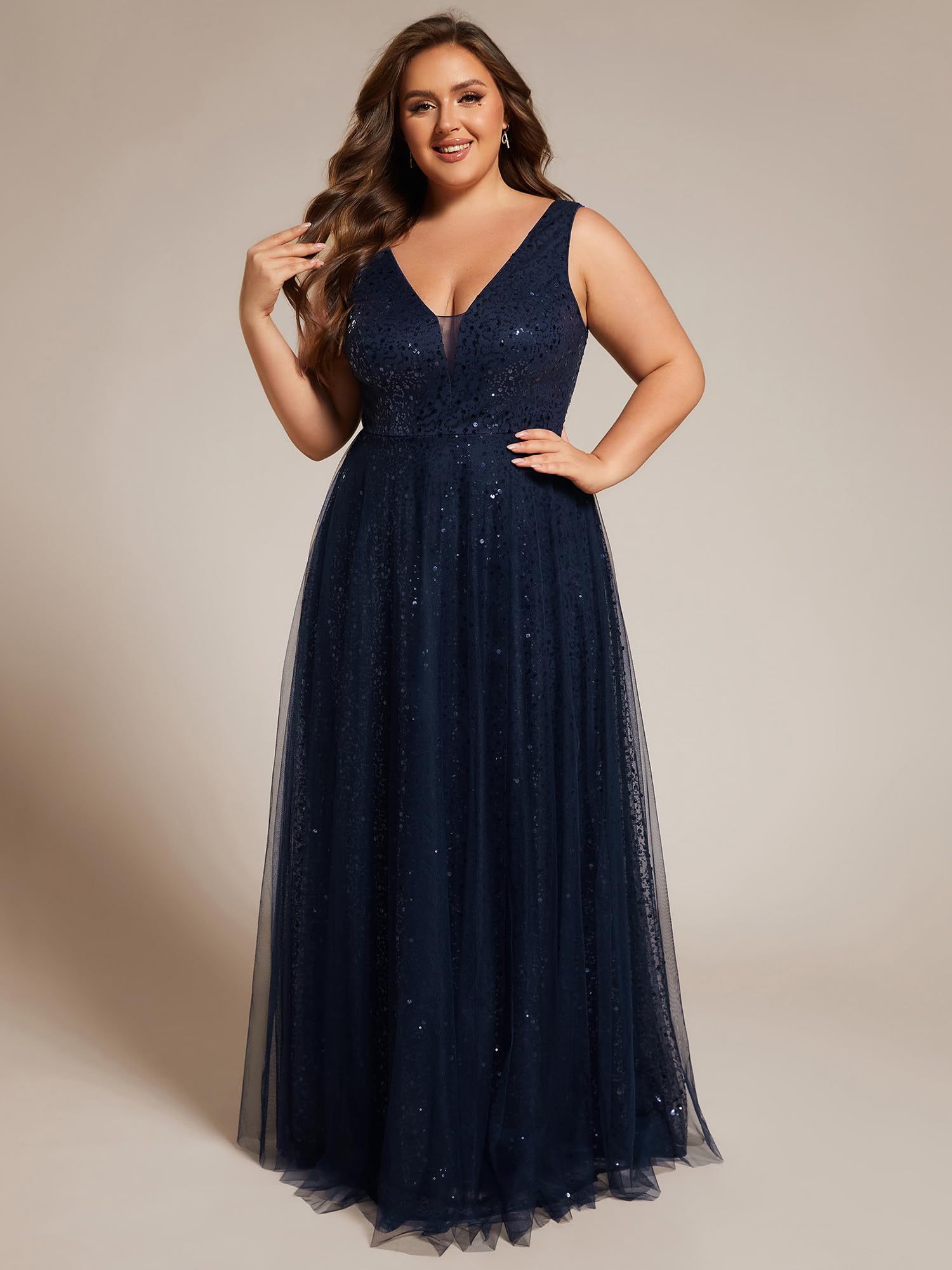Ever-Pretty Plus Size Sparkle V-Neck A-Line Sleeveless Sequin Prom Dress Ball Gown for Curvy Women 02163-DA | Formal Evening Gown for Homecoming, Wedding Guest, Pageant & Special Occasions