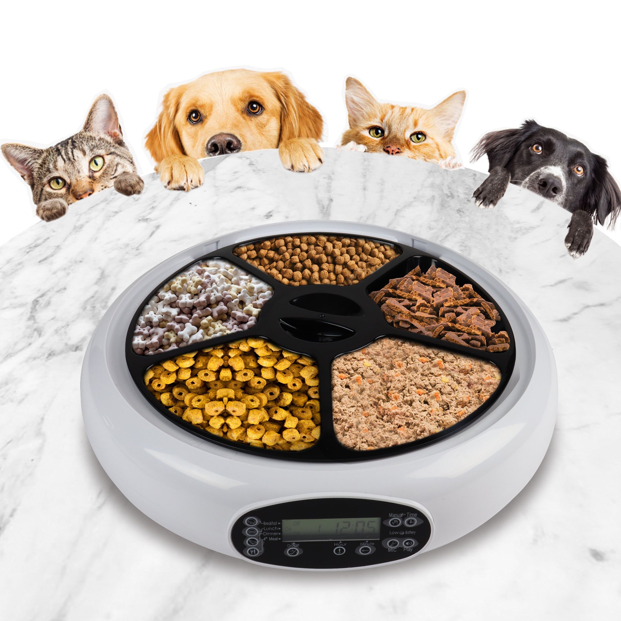 Lentek 5-Meal Automatic Pet Feeder with Voice Recording - White Timed Food Dispenser for Cats & Dogs - 5oz Portion Control - 25oz Total Capacity - Perfect for Home, Office & Travel Use