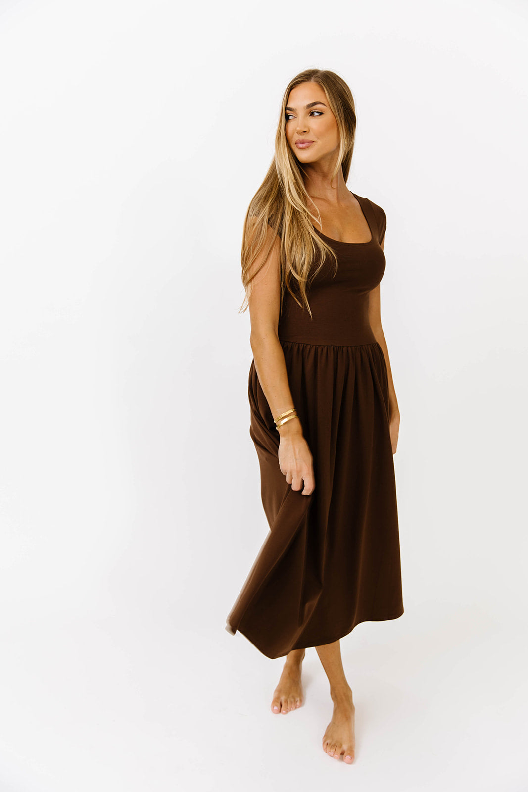 Larissa Cap Sleeve Midi Dress - Women's Brown Flowy Summer Dress for Casual Wear, Office, and Date Night | Comfortable & Stylish Outfit