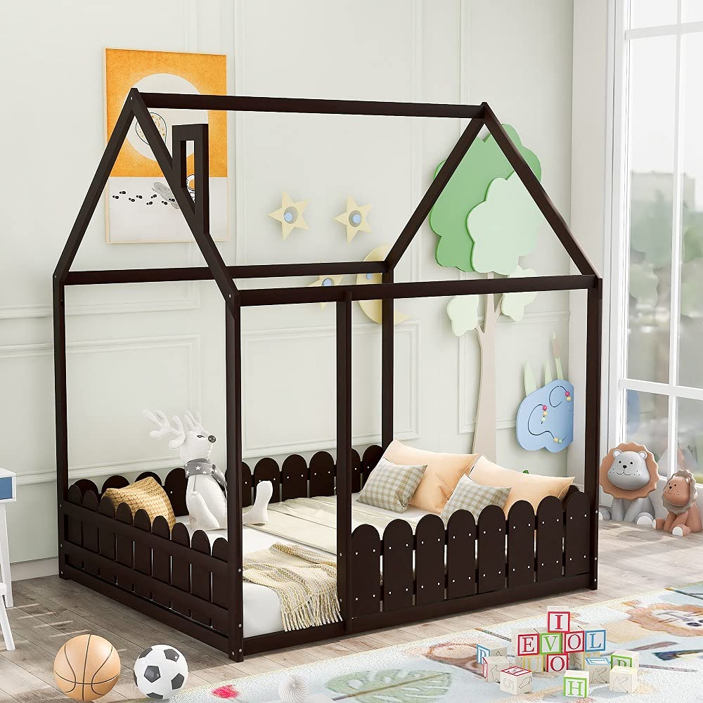 **Full Size Wooden House Bed Frame with Roof & Fence - Kids Cabin Bed for Boys & Girls, Teens - No Slats Included (Espresso) - Perfect for Bedrooms, Playrooms & Cozy Sleep Spaces**