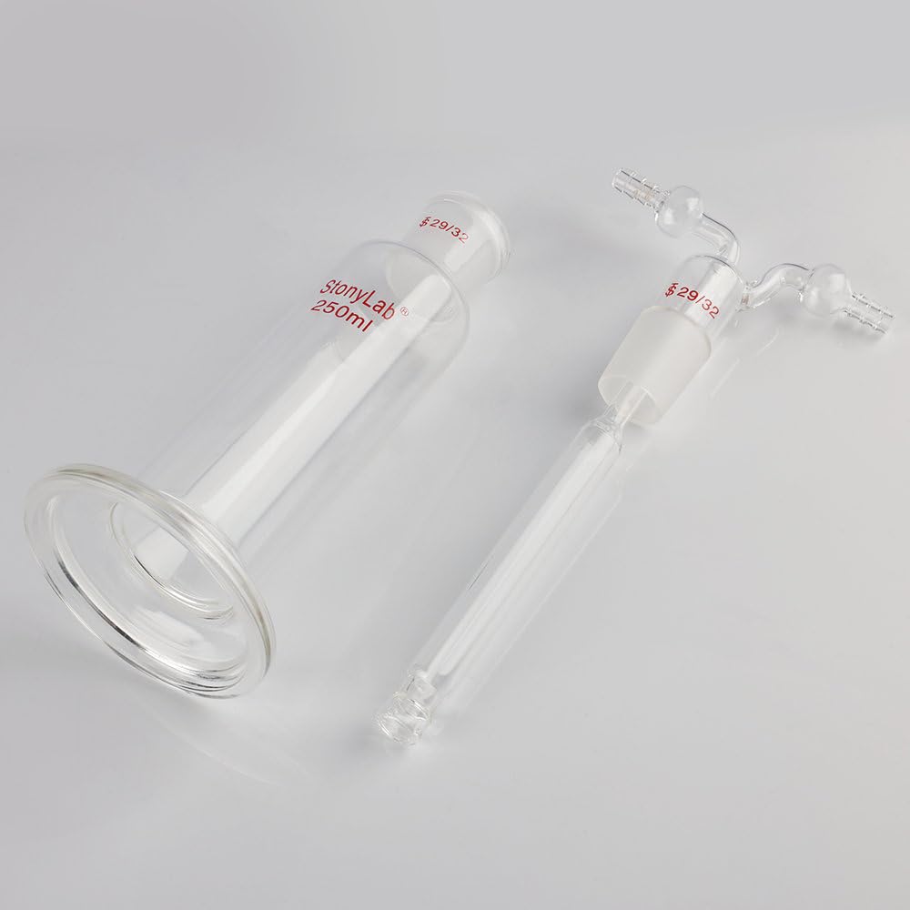 Stonylab Gas Washing Bottle - 250ml Borosilicate Glass with 29/32 Standard Joint & 8mm Serrated Hose - Ideal for Chemistry Labs, Gas Purification & Science Experiments