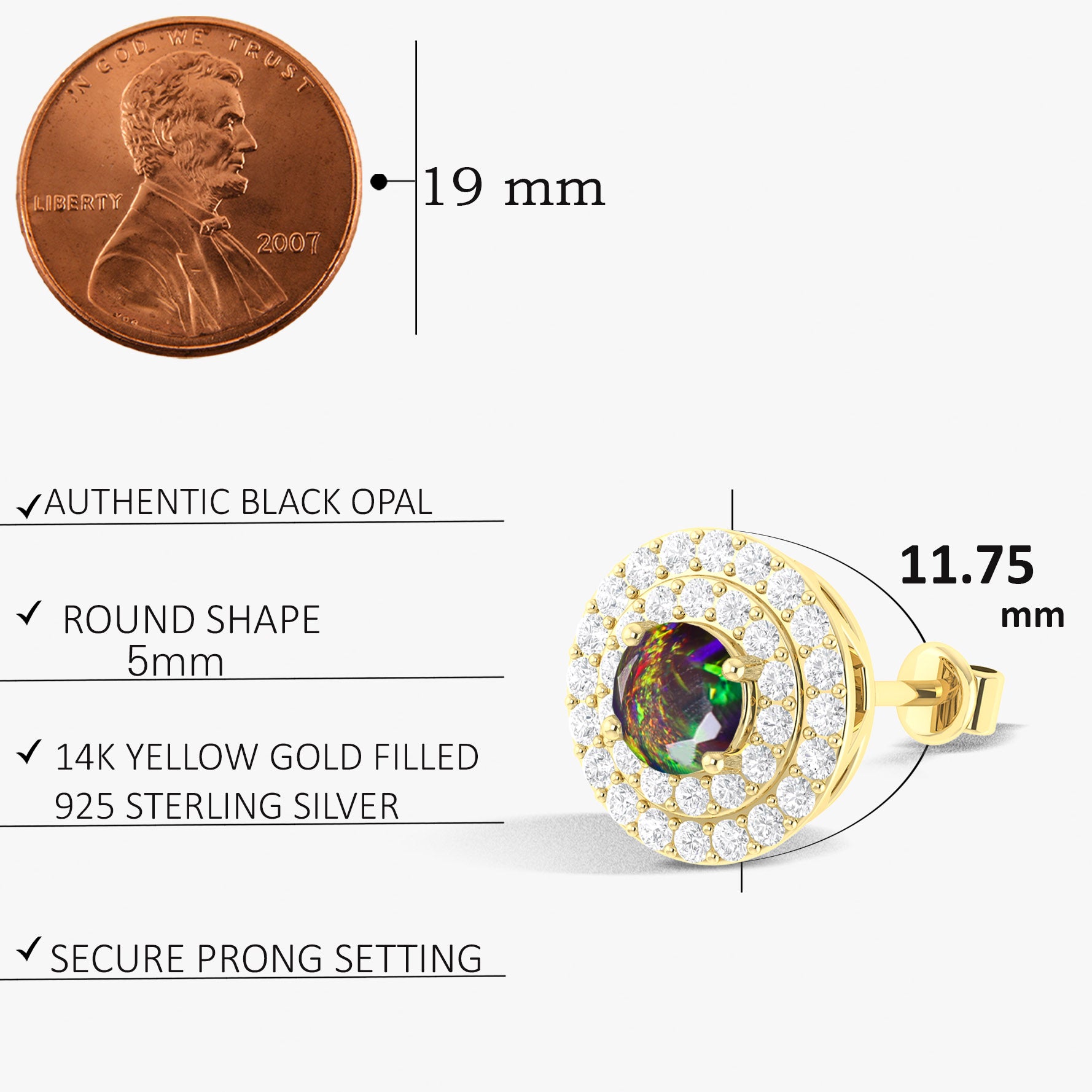 5MM Round Natural Black Opal Halo Stud Earrings with Push Back - Elegant Jewelry for Women, Perfect for Weddings, Parties & Daily Wear