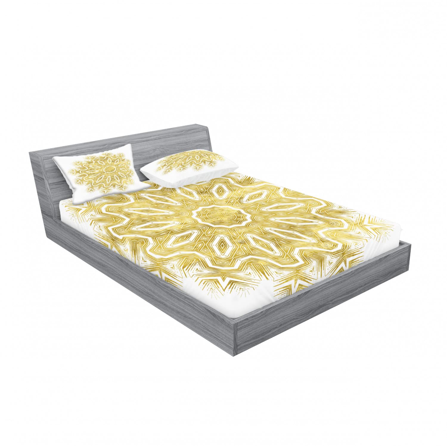 Ambesonne 2-Pack Queen Size Fitted Sheet Set with 4 Pillow Shams - Modern Oriental Mandala Pattern Bedding in Pale Yellow & White - Soft Wrinkle-Resistant Fabric for Master Bedroom, Guest Room or Dorm Decor