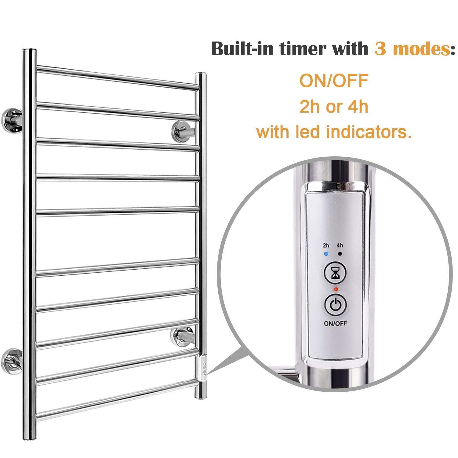 JSLOVE Stainless Steel Heated Towel Warmer - 10 Bar Wall Mounted Towel Rack with Built-in Timer, Plug-in or Hardwired Installation, Brushed Silver Finish | Perfect for Bathroom, Spa, Gym & Luxury Home Use