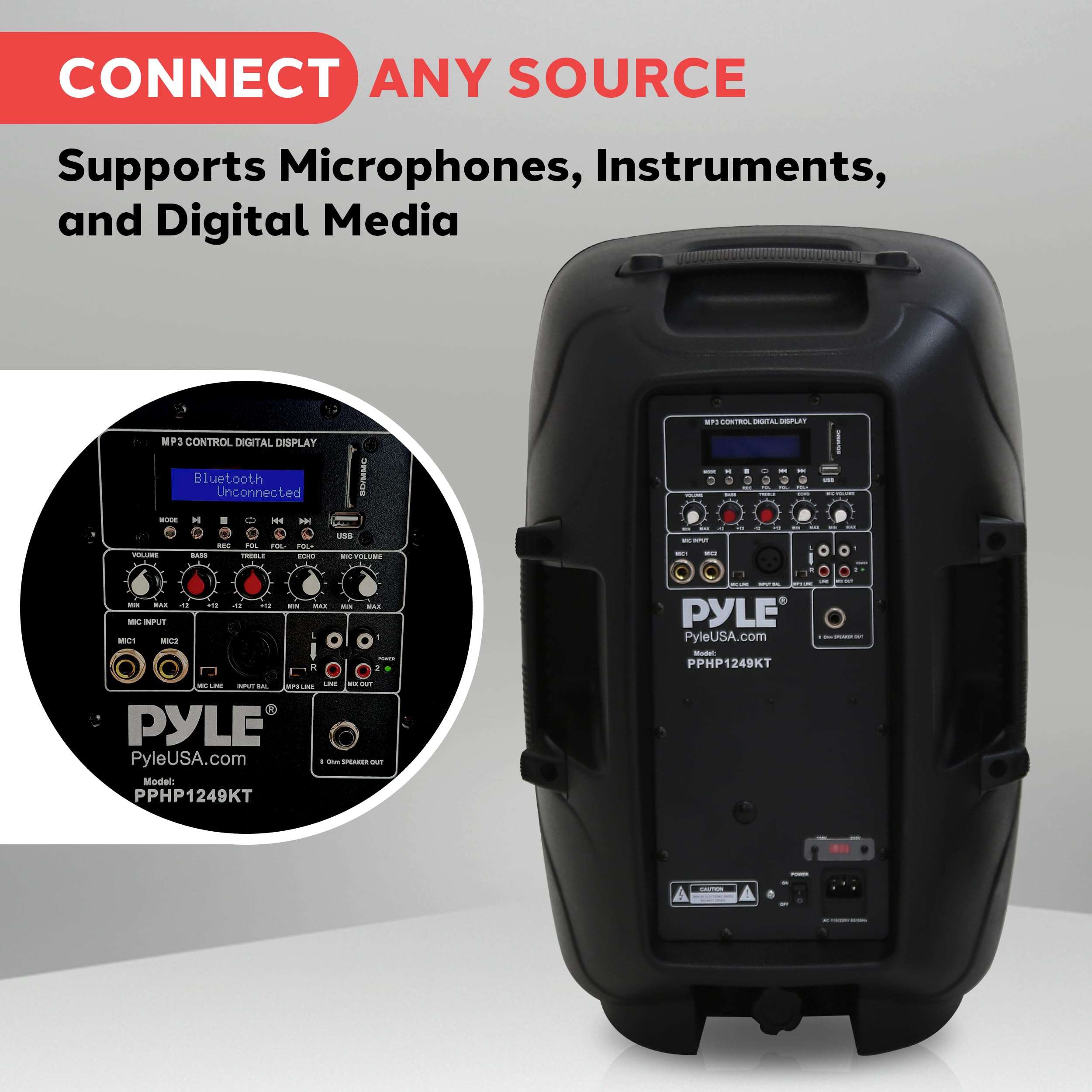 Pyle Wireless Portable PA System Kit - 1800W Peak Power Bluetooth Speaker System with Active & Passive Speakers, USB/SD/AUX/XLR/RCA Inputs, Includes 2 Stands, Wired Mic & Remote - Perfect for Outdoor Events, Parties, Weddings & Live Performances