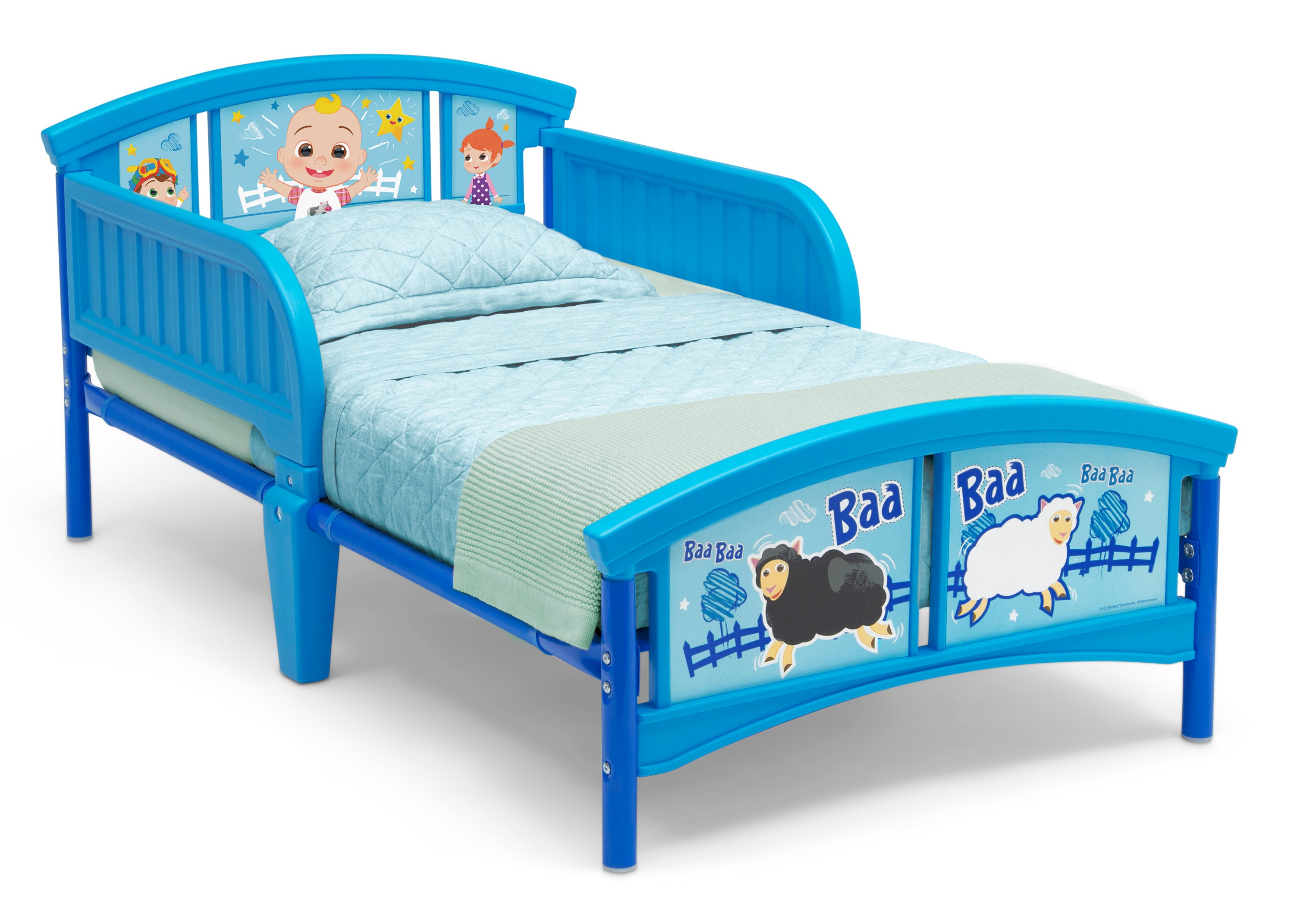 CoComelon Plastic Toddler Bed for Kids - JJ Doll Themed Children's Bed with Safety Rails | Perfect for Nursery, Daycare & Toddler Room Decor