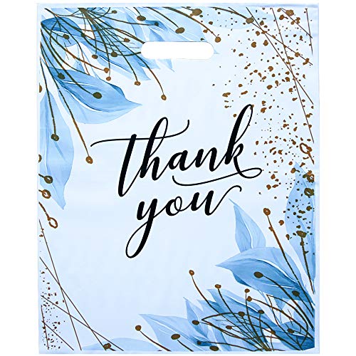 Premium Blue Floral Thank You Bags (25 Pack) - 12x15 Inch Durable Plastic Shopping Bags with Handles for Small Business | Gift Packaging, Retail Merchandise, Party Favors & Customer Appreciation