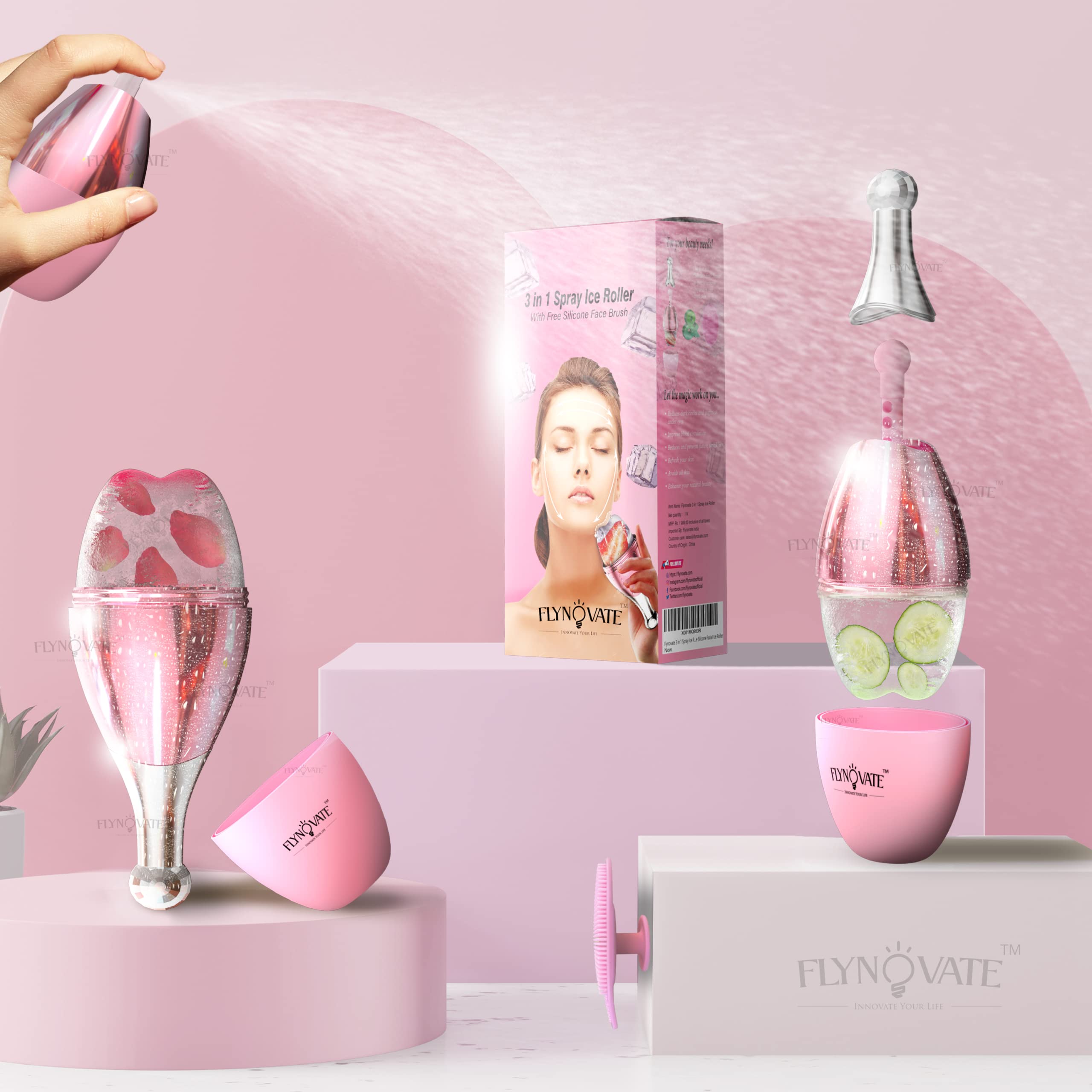 Flynovate 3-in-1 Cooling Face Massager - Reusable Anti-Aging Ice Roller with Sprayer & Silicone Brush for Glowing Skin & Dark Circle Relief | Perfect for Skincare Routine, Morning Refresh & Spa Treatments